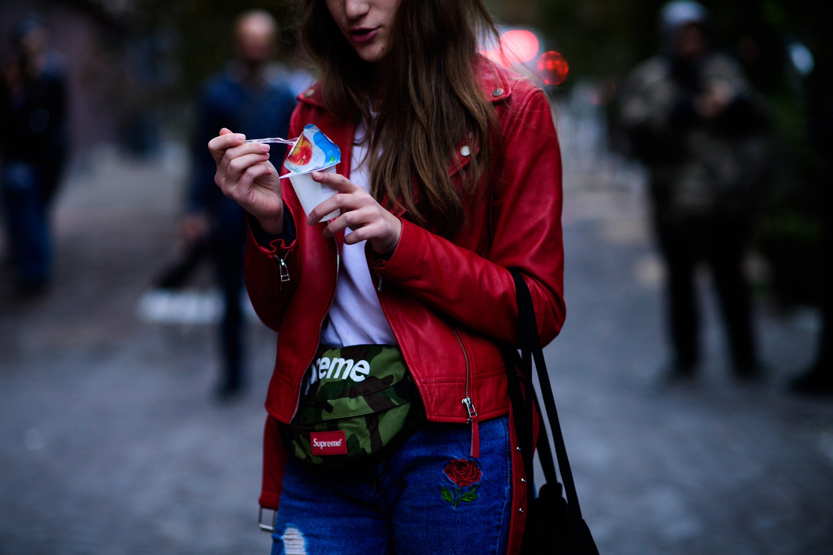 Model wearing red leather jacket