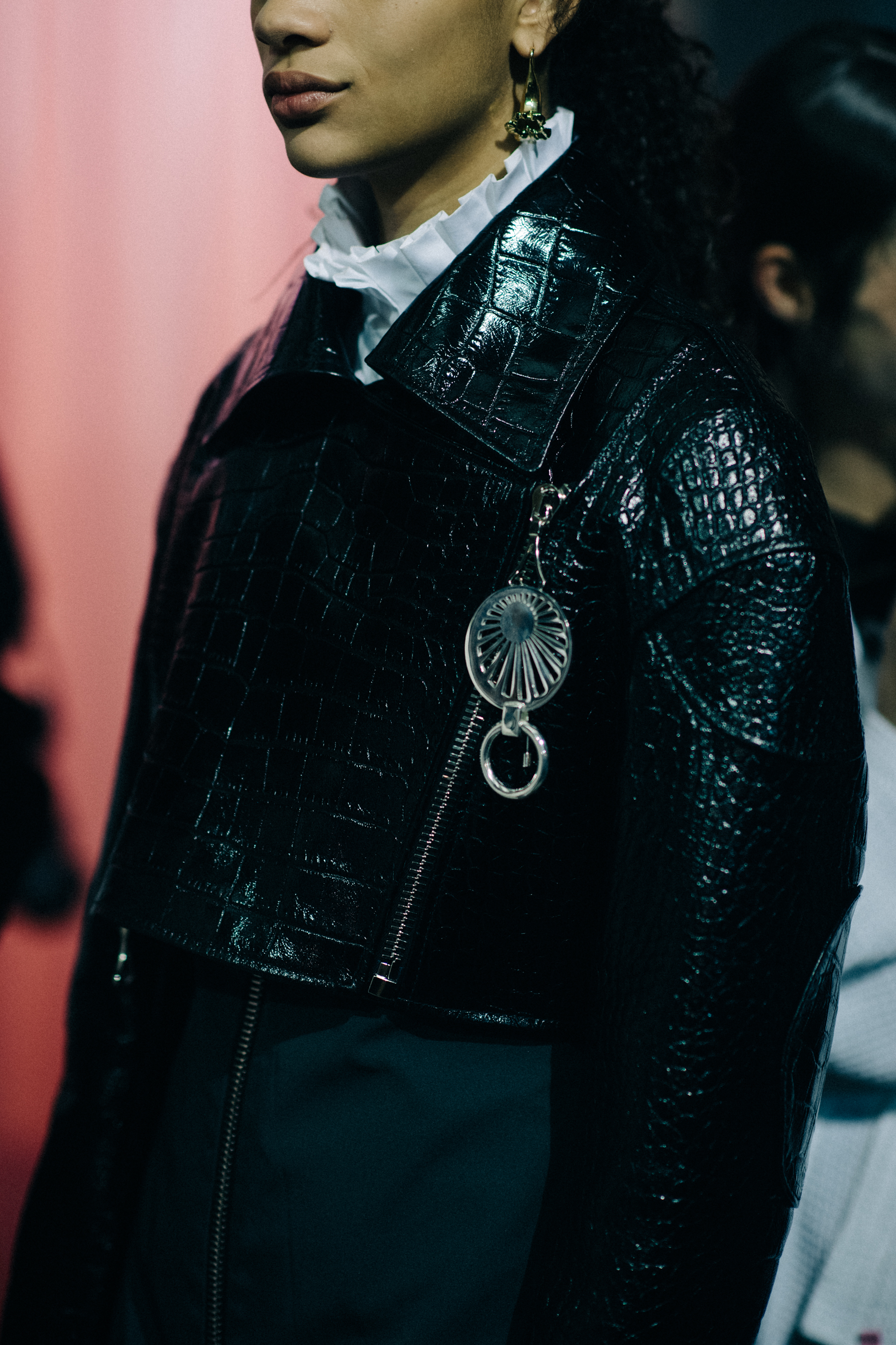 Model Selena Forrest wearing leather jacket