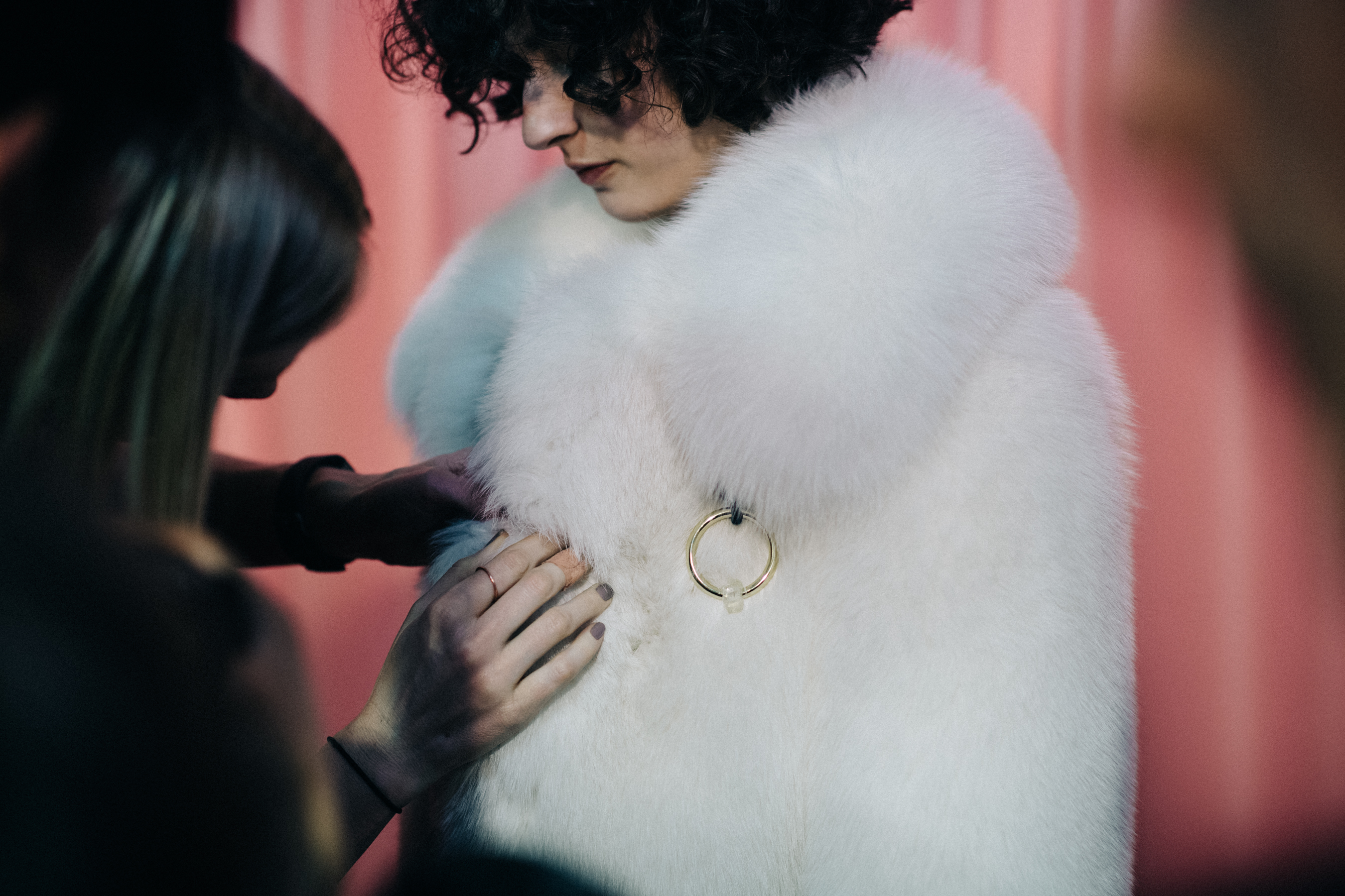 Model Leila Zandonai wearing white fur coat