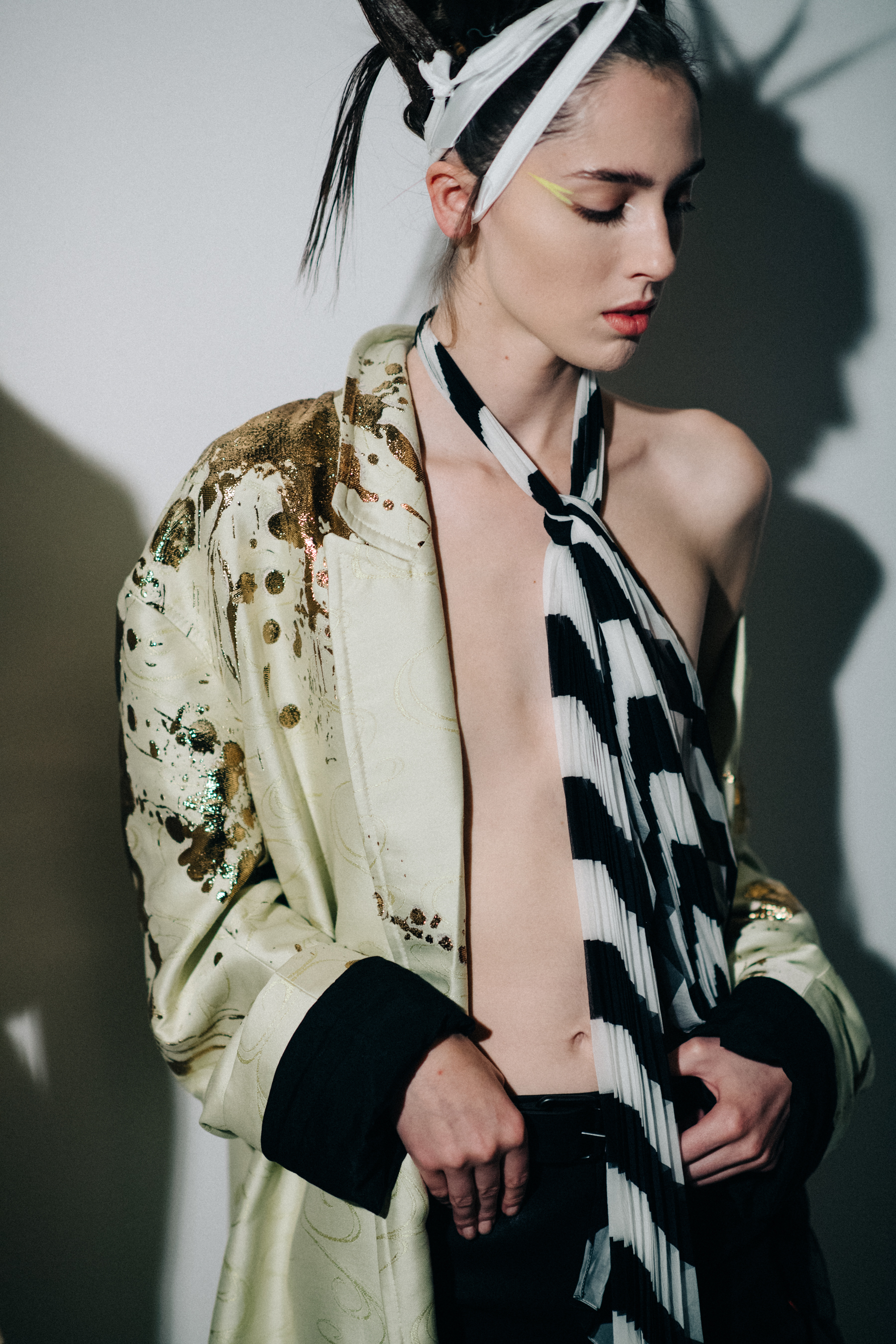 American model wearing silk robe
