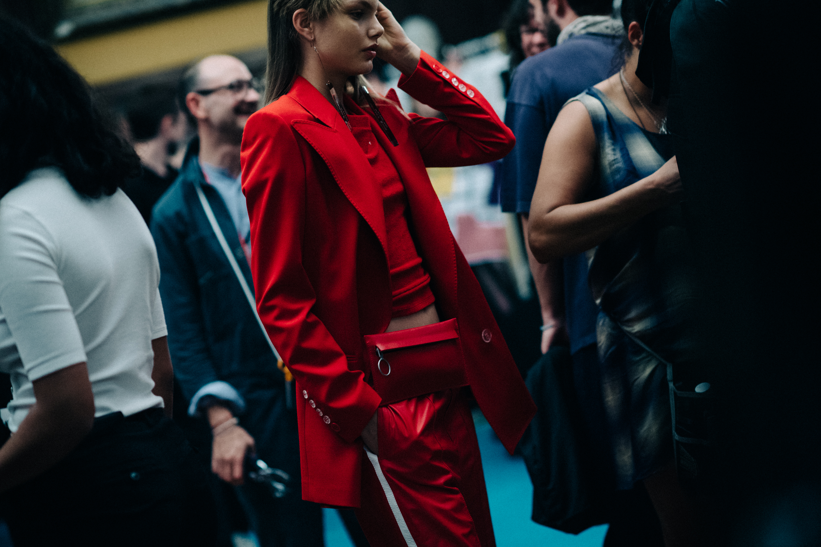 Model Annika Krijt wearing all red