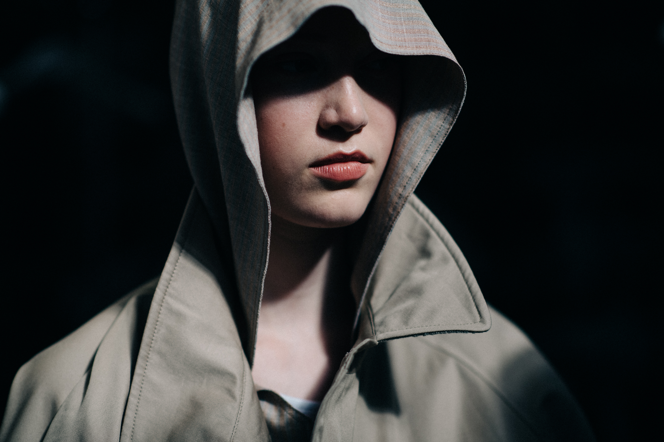 Female model wearing hood