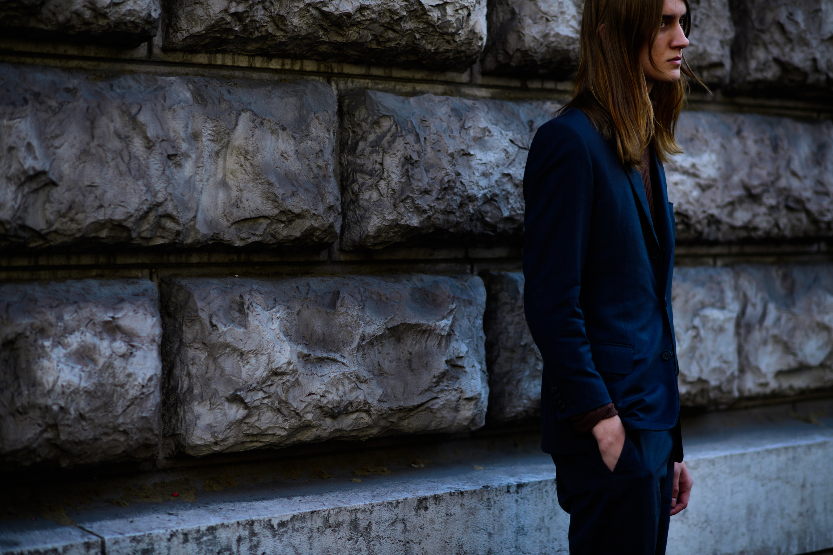 Swedish model wearing blue suit jacket