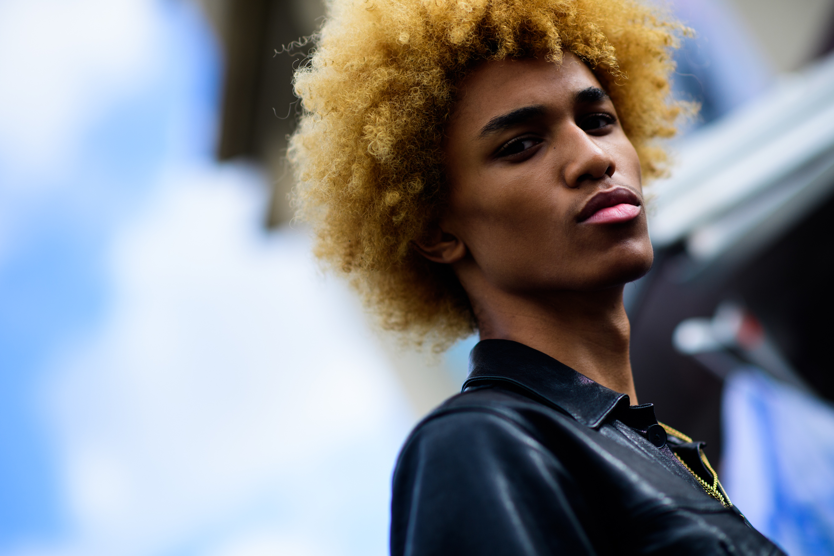 Close up American male model with blonde afro