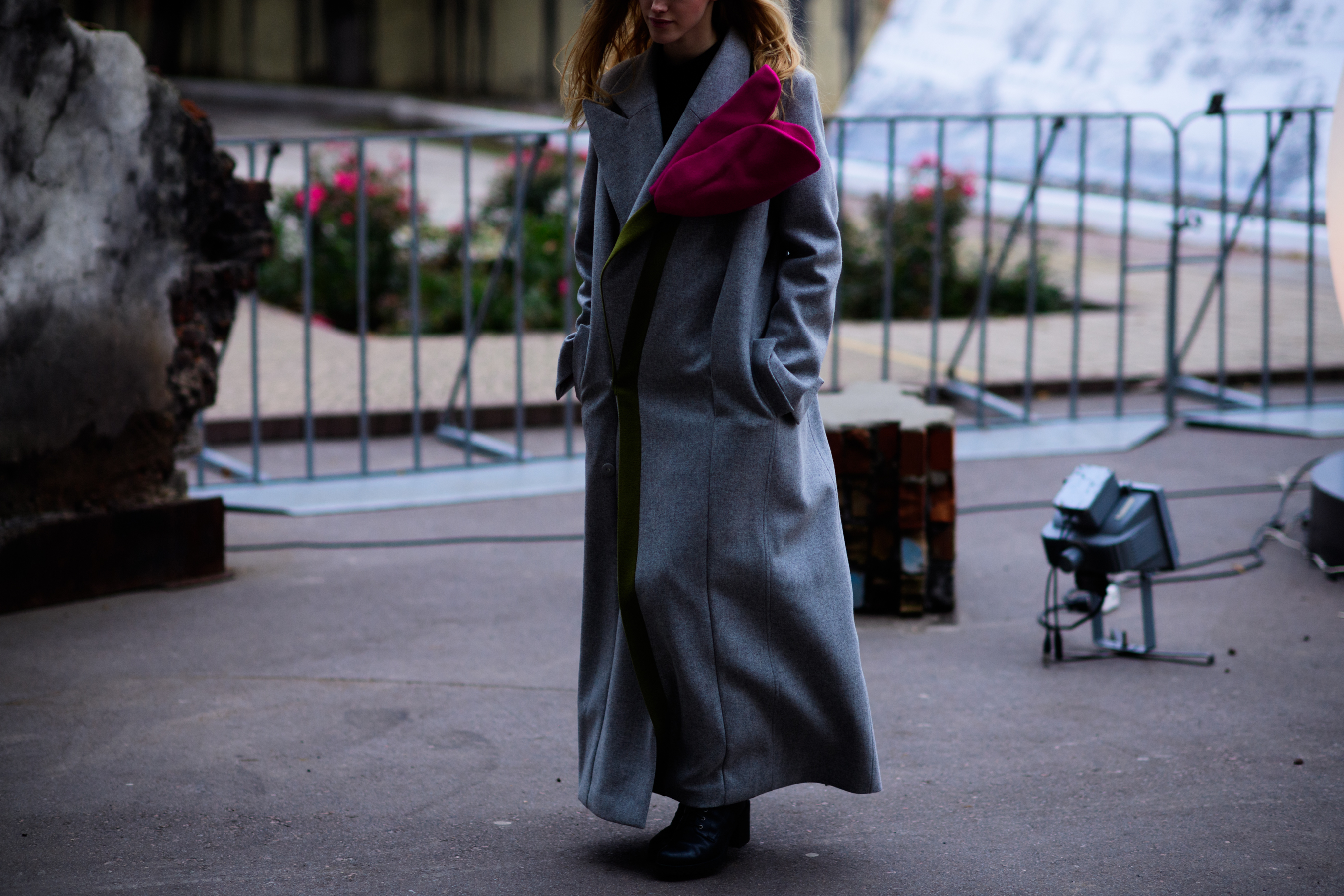 Ukrainian model wearing grey coat