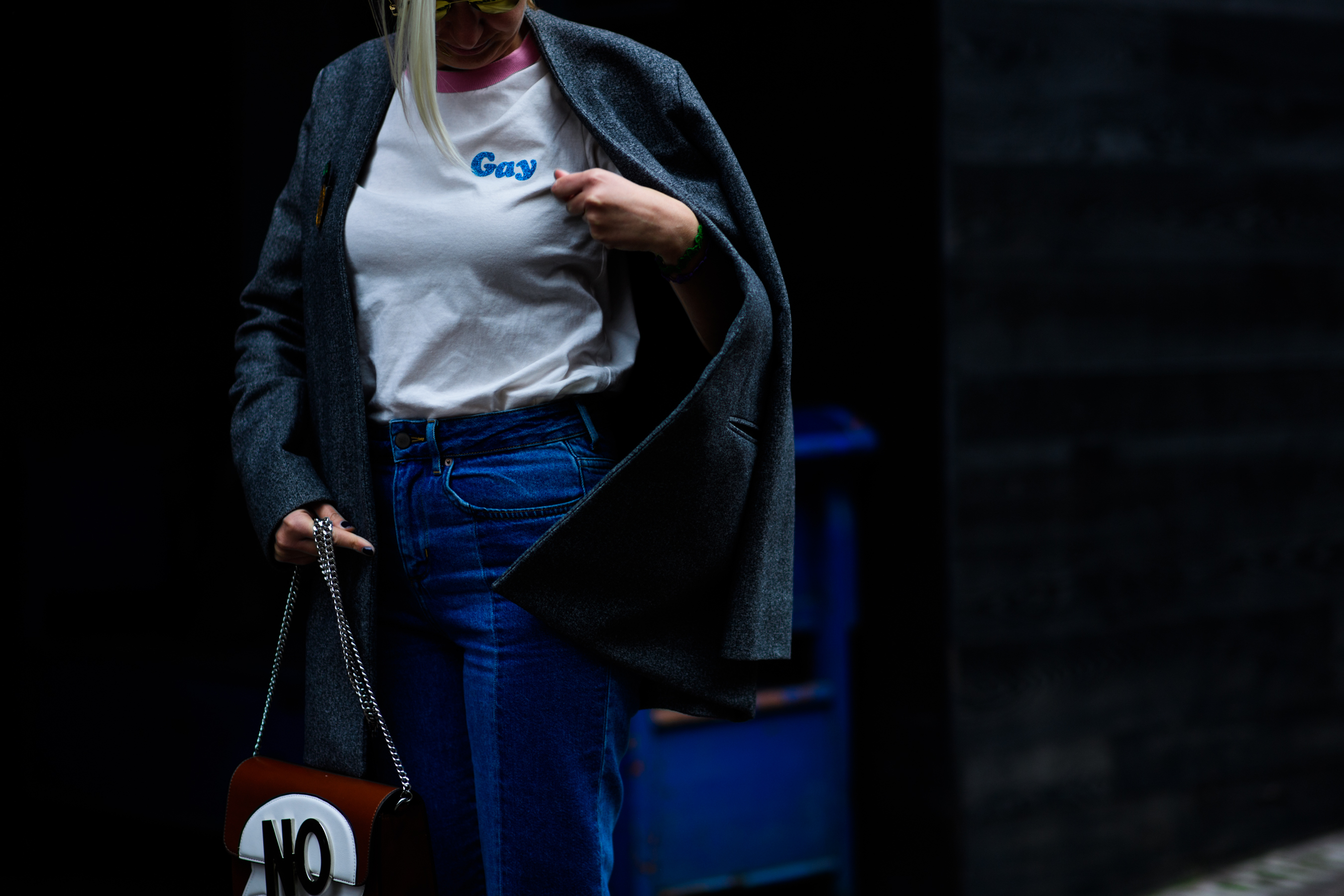 Woman wearing Gay print t-shirt