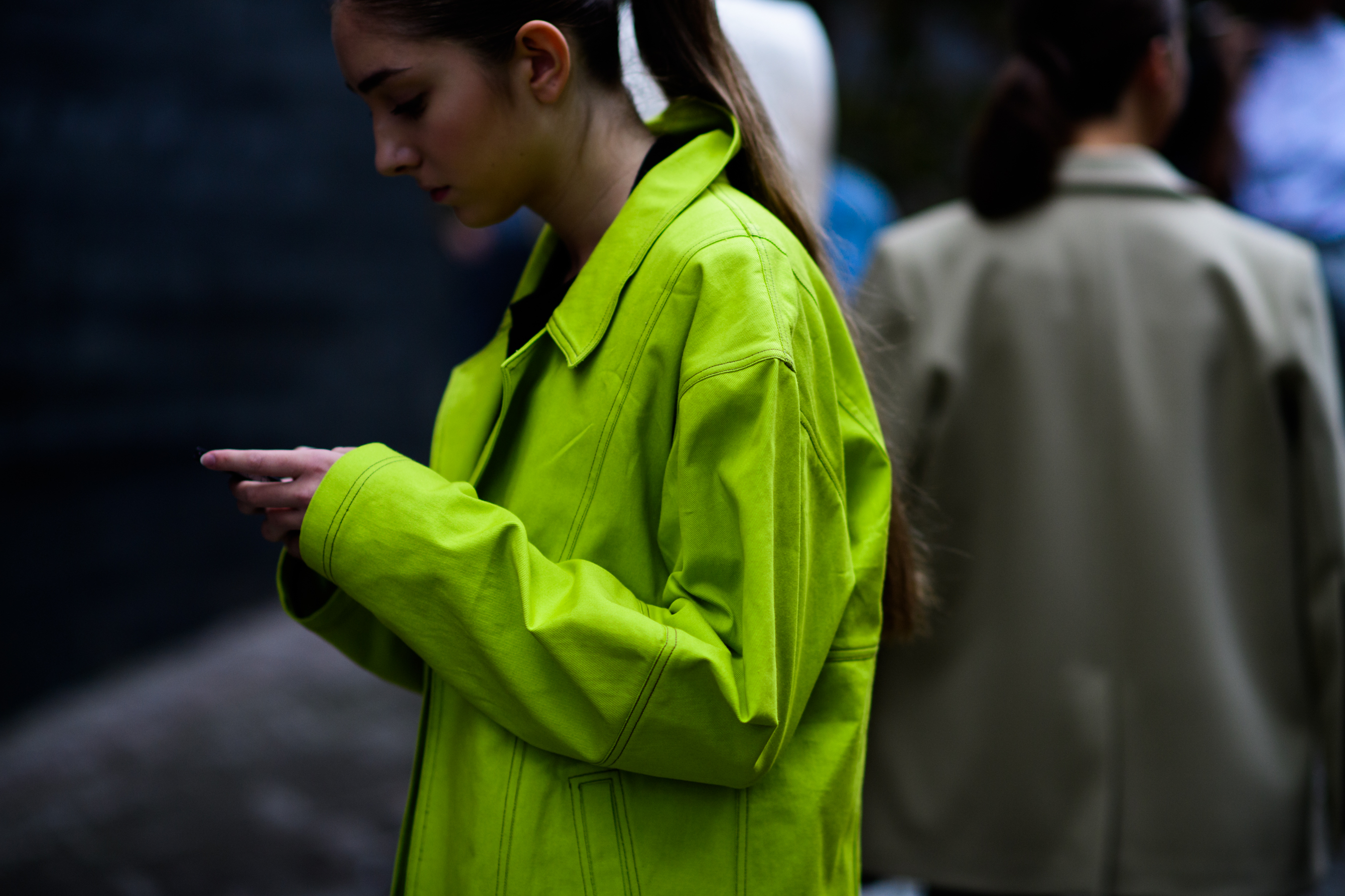 Model wearing green leather jacket