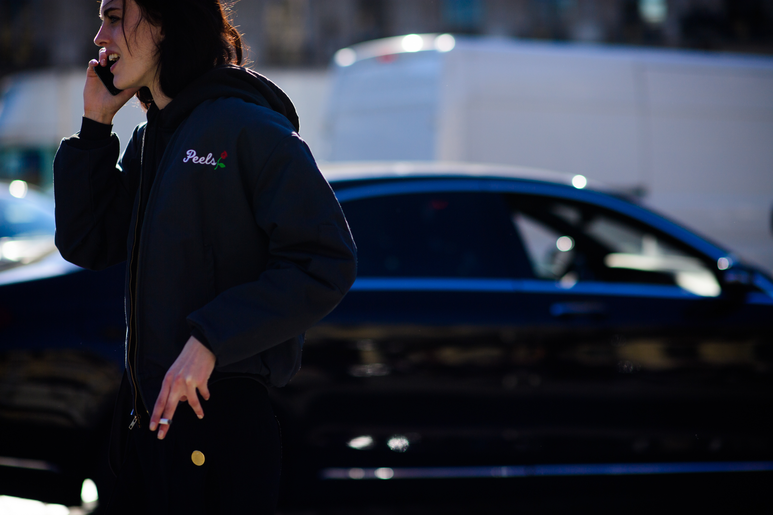Model wearing embroidered jacket
