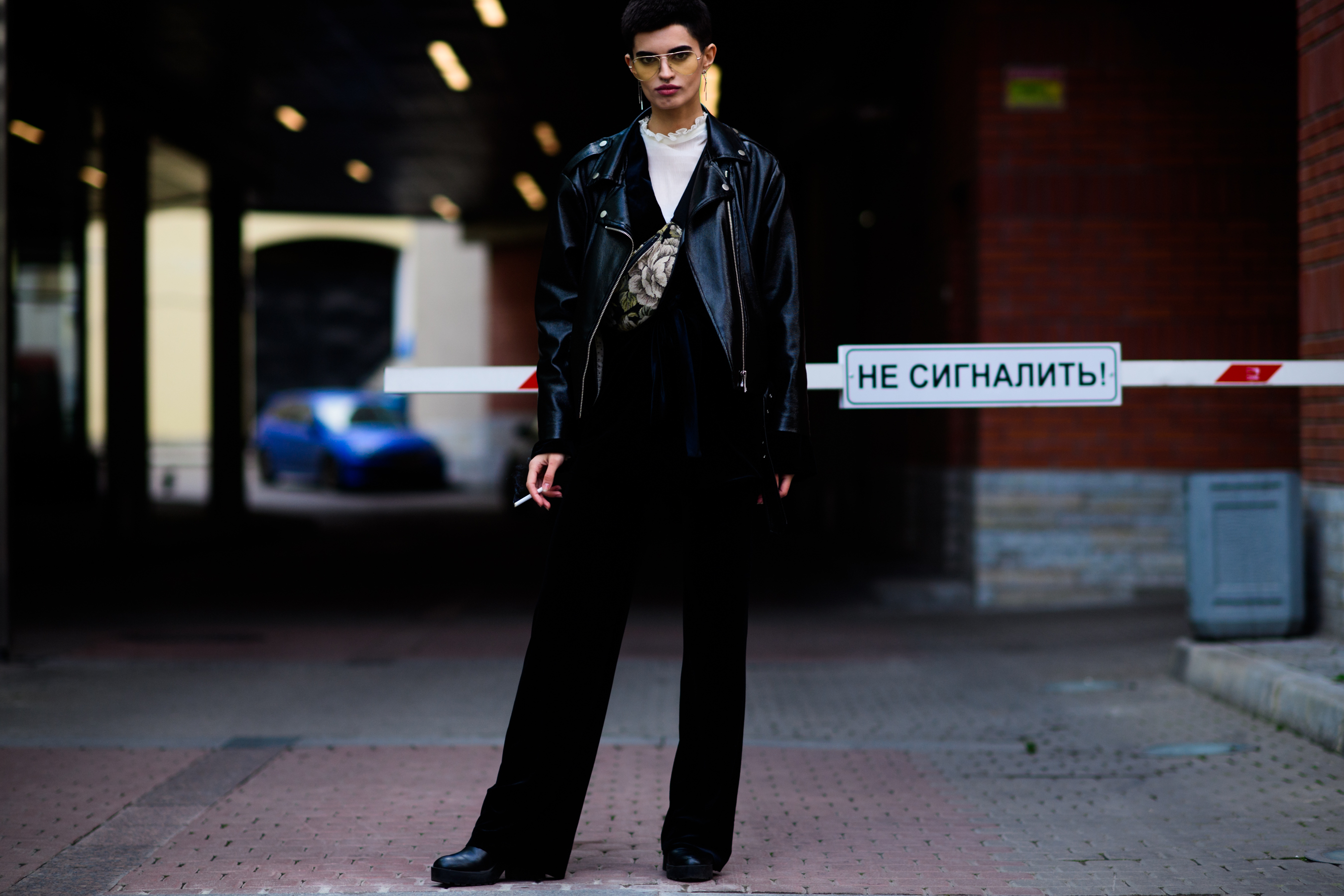 Russian model wearing leather jacket