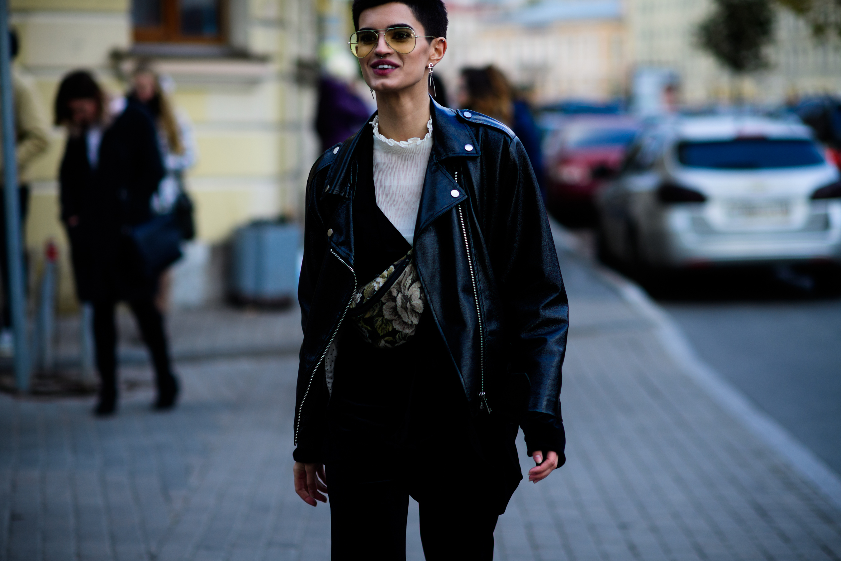 Russian model wearing leather jacket