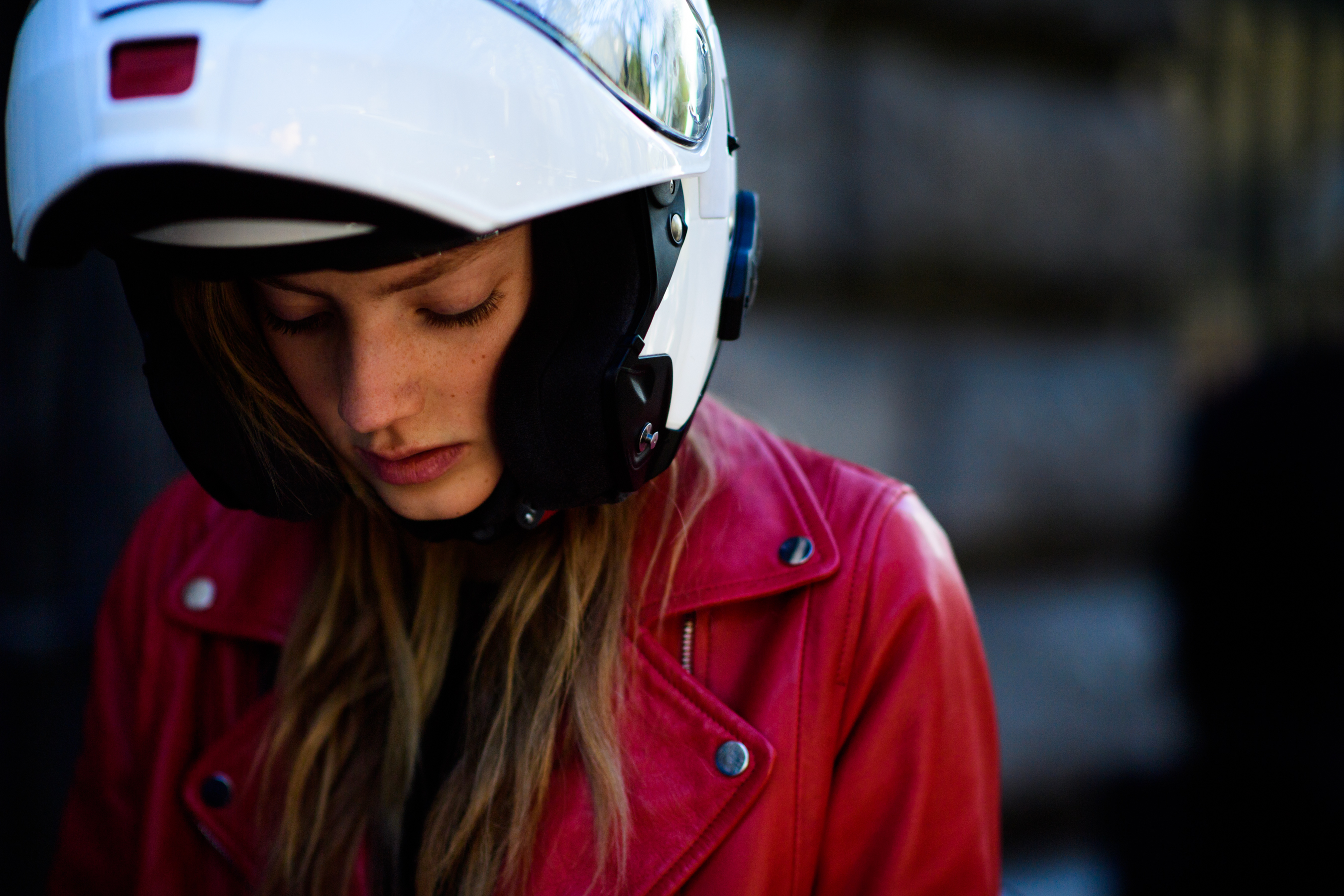 Dutch model wearing motorcycle helmet