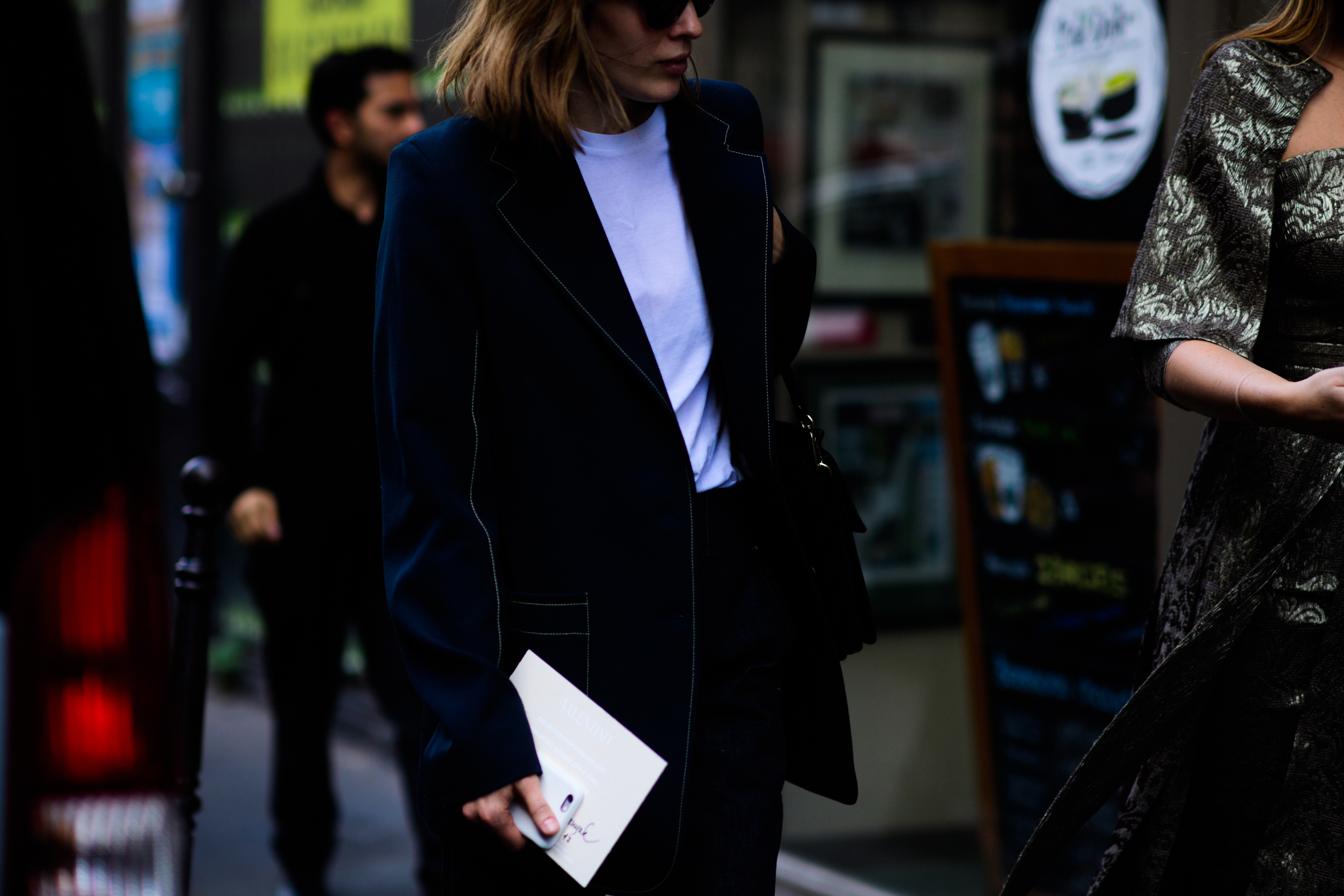 Woman wearing blue suit jacket