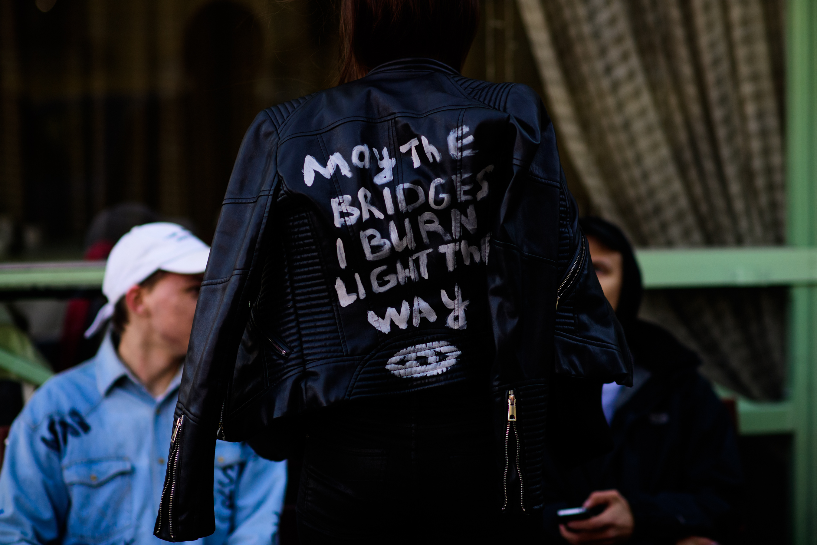 Girl wearing custom leather jacket