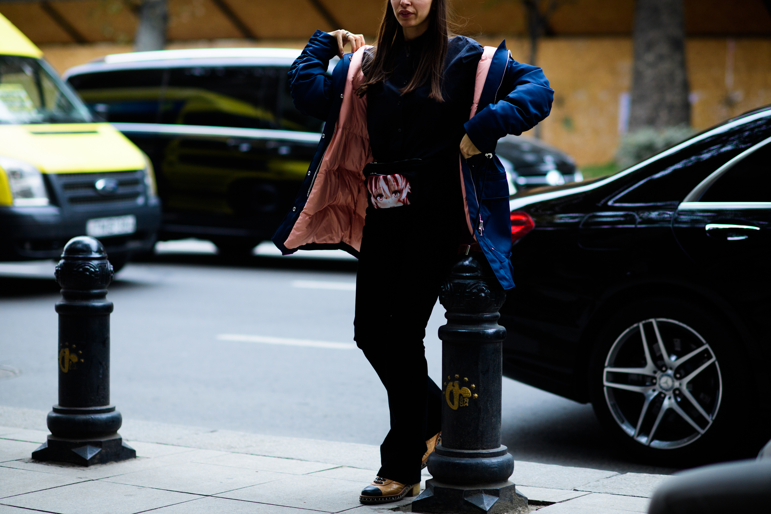 Woman wearing blue parka