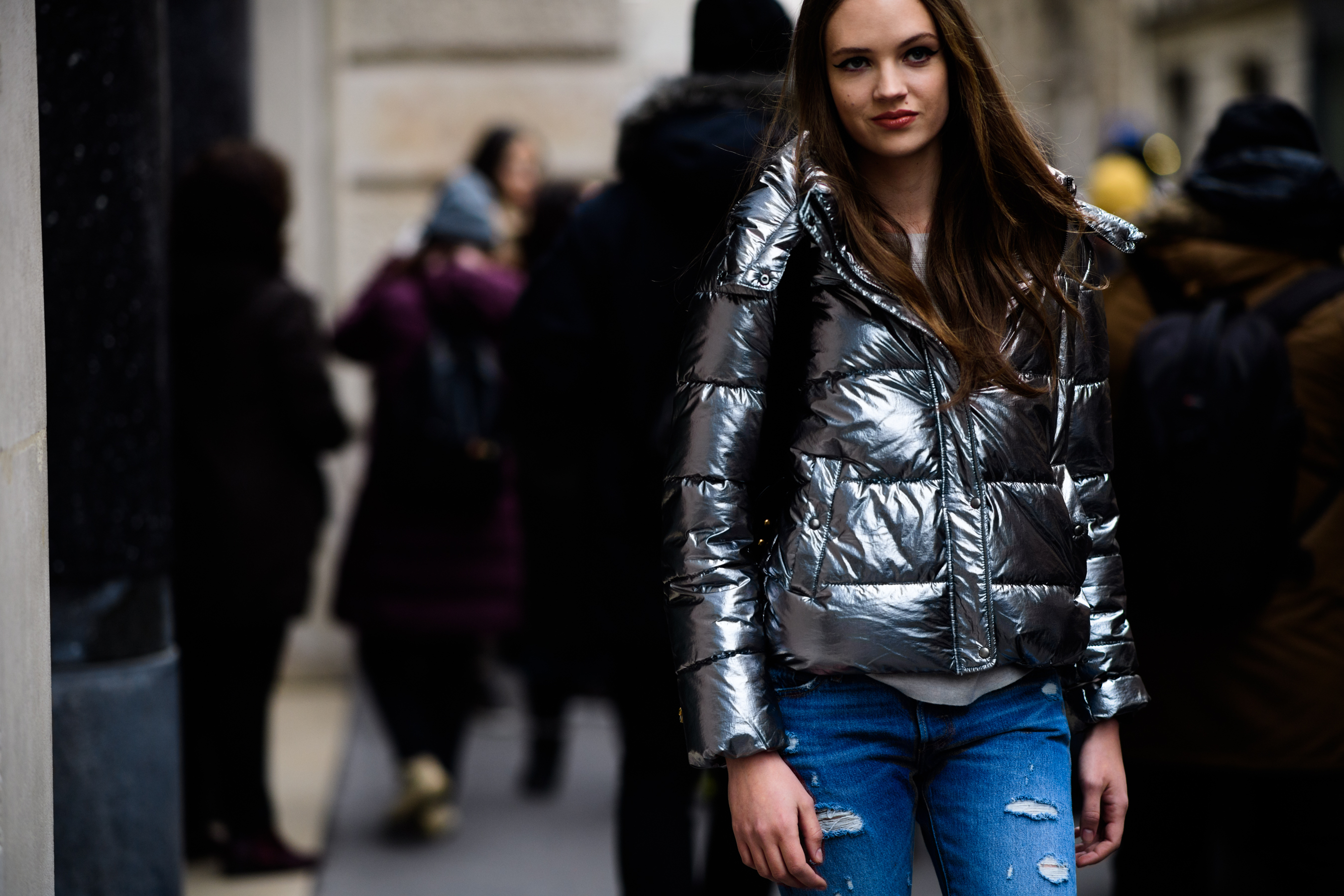 Woman wearing metallic jacket