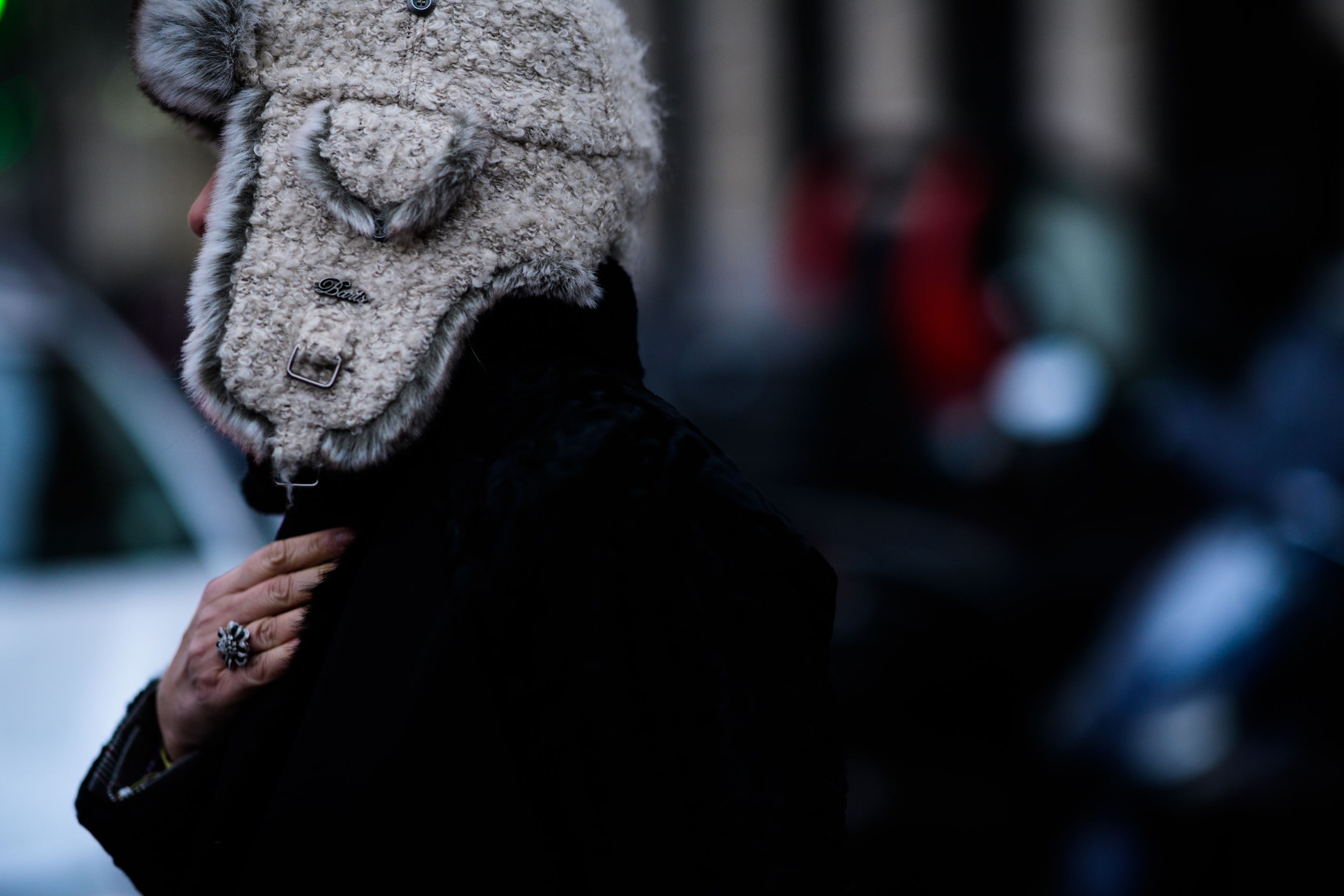 Woman wearing big winter hat