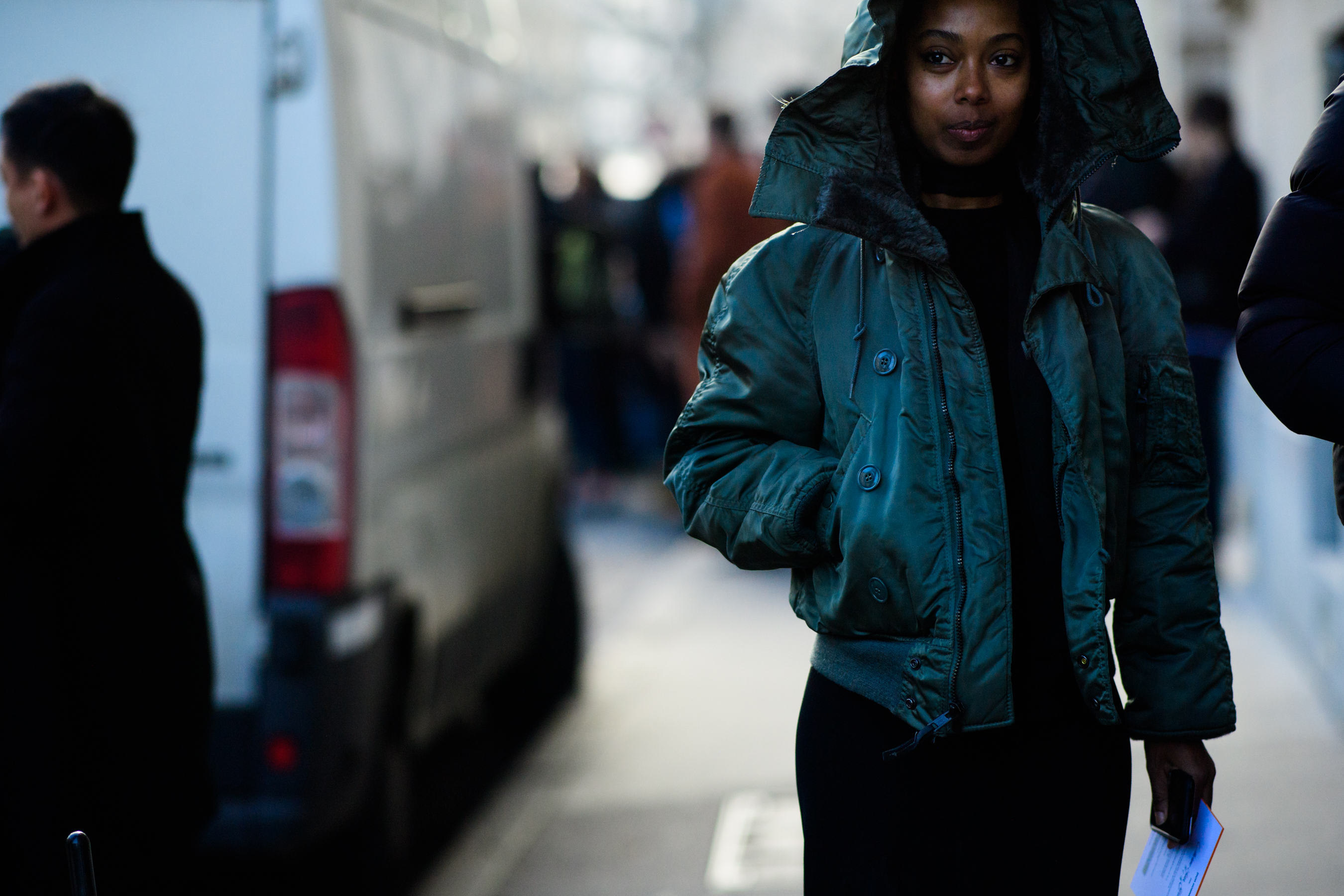 Model wearing green jacket