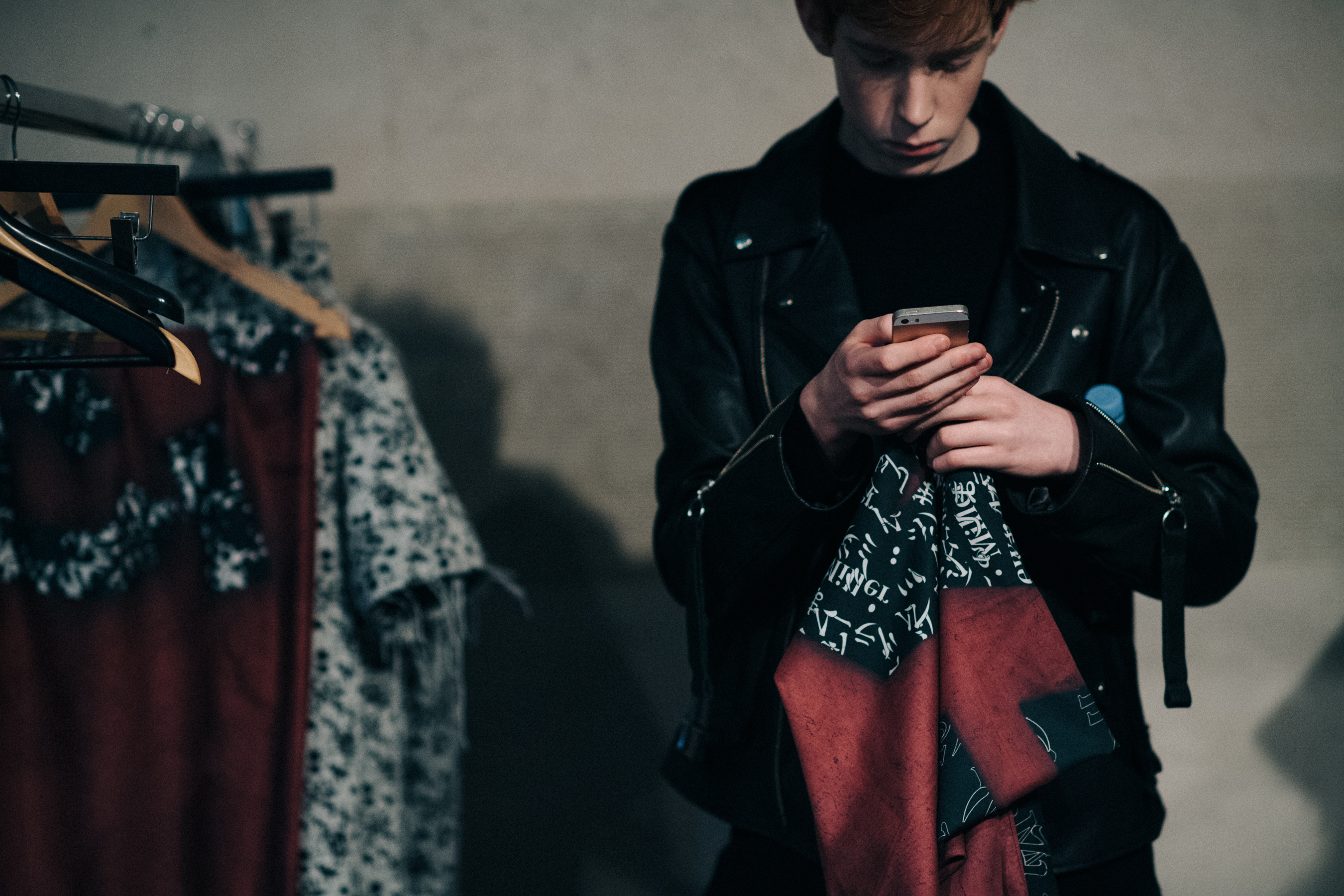 Male model wearing leather jacket