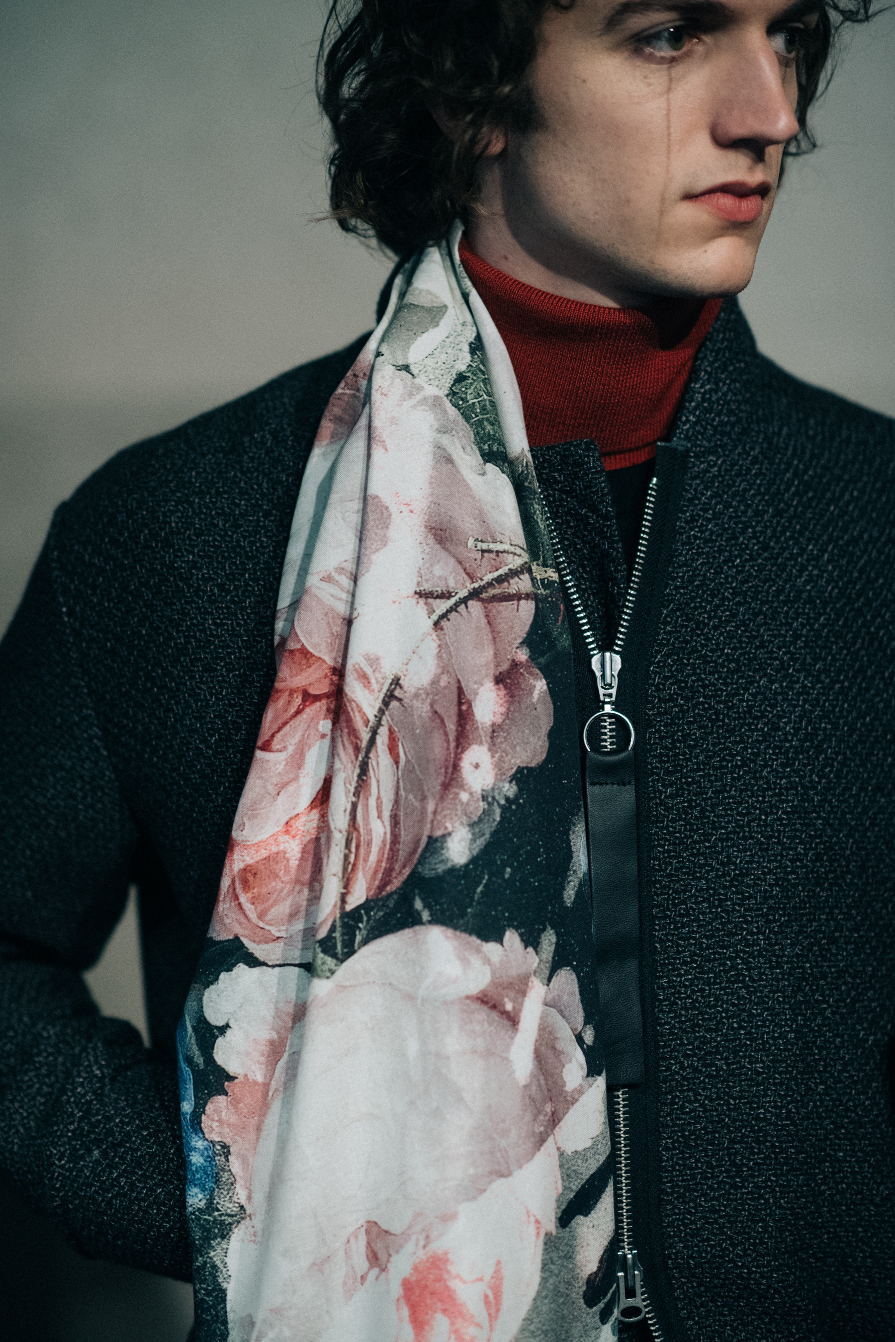 Male model wearing long scarf