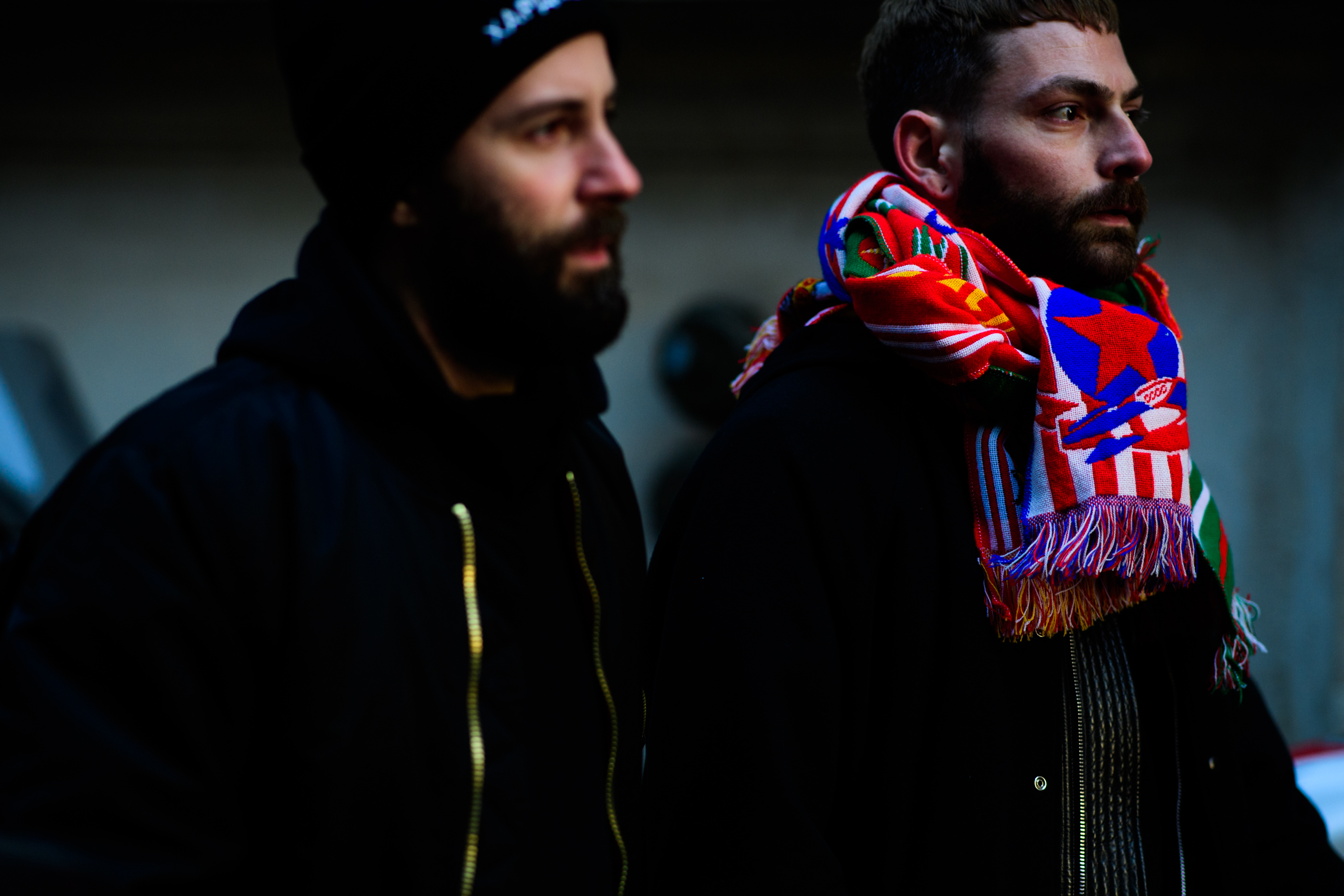 Men with beards wearing scarf and hat