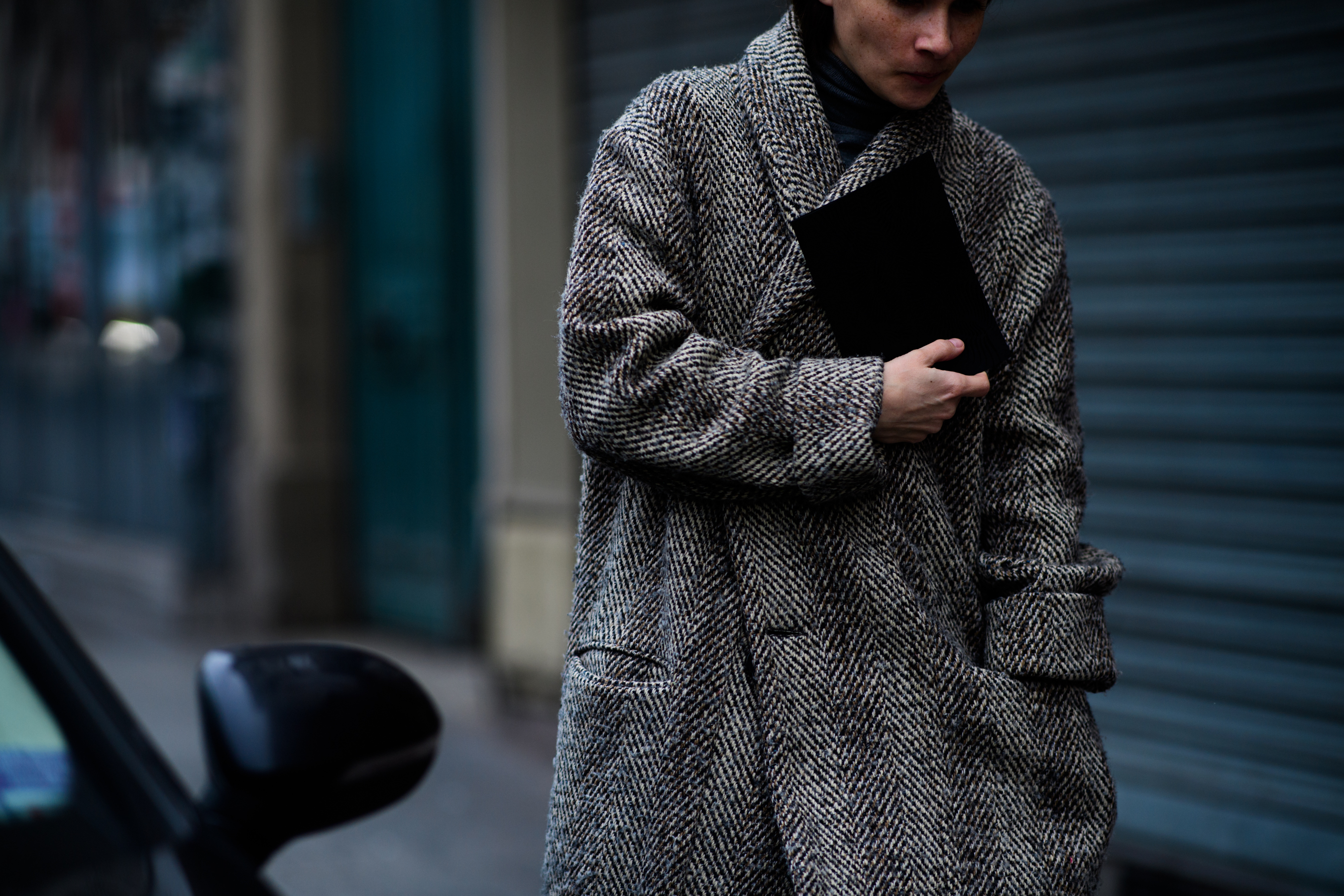 Woman wearing grey coat