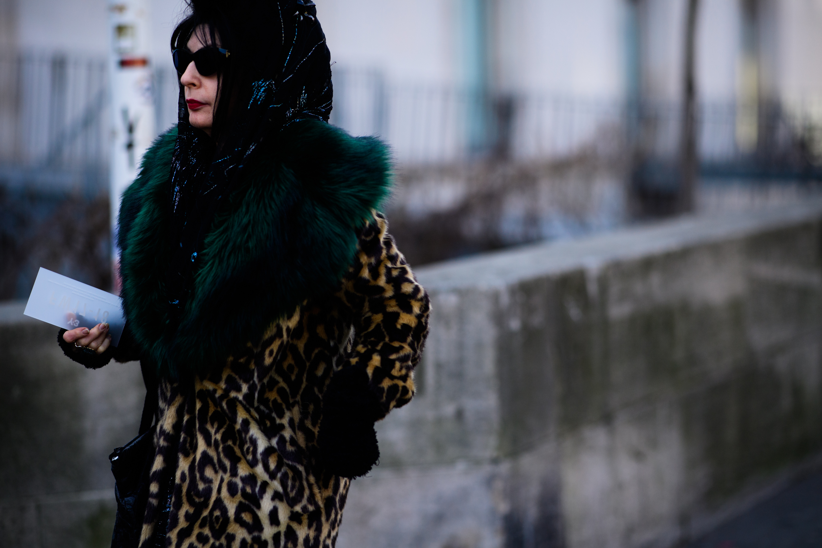 Woman wearing panther fur coat