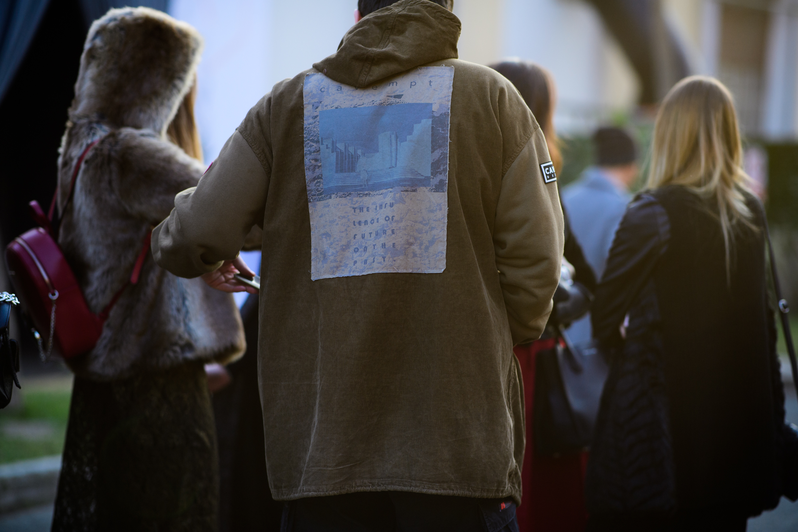 Man wearing parka with print