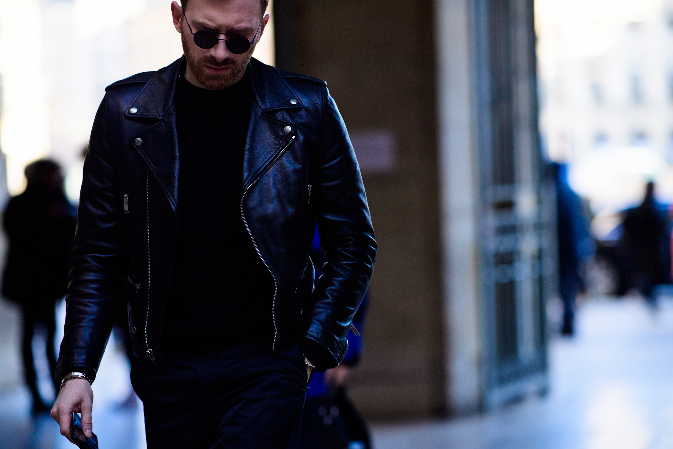 Man wearing black leather jacket