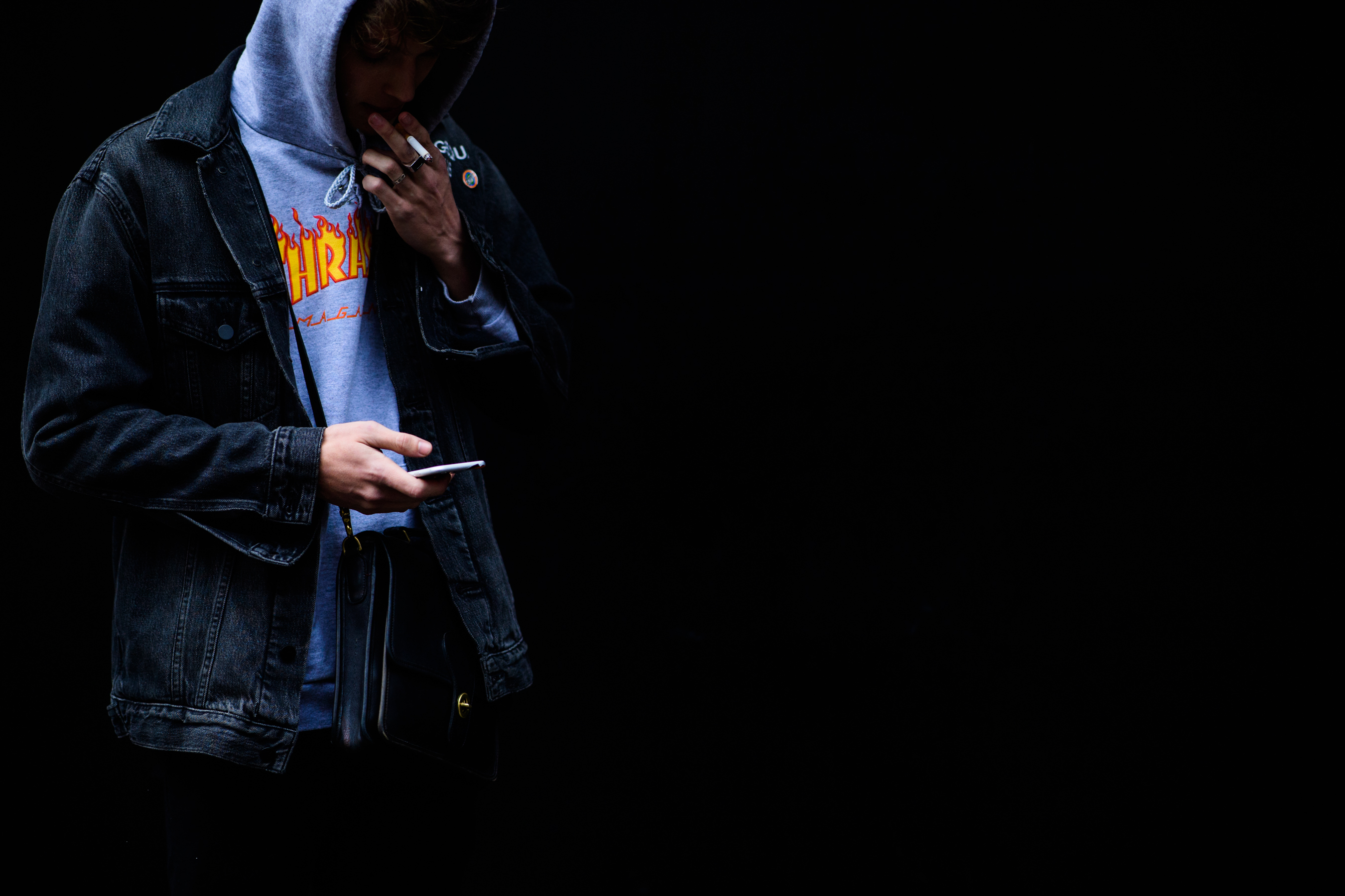 Model wearing Thrasher hoodie