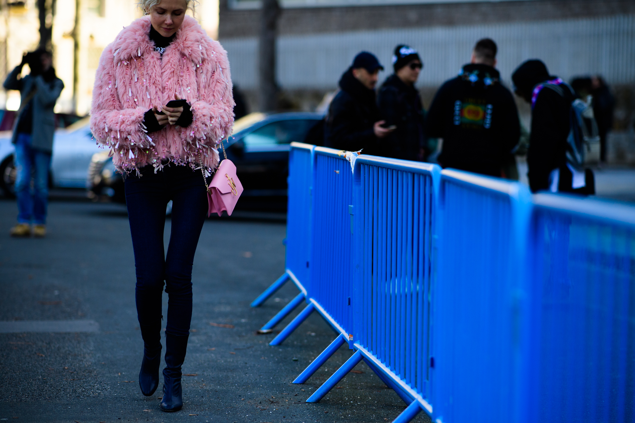 Woman wearing Ashish jacket, Off White, JW