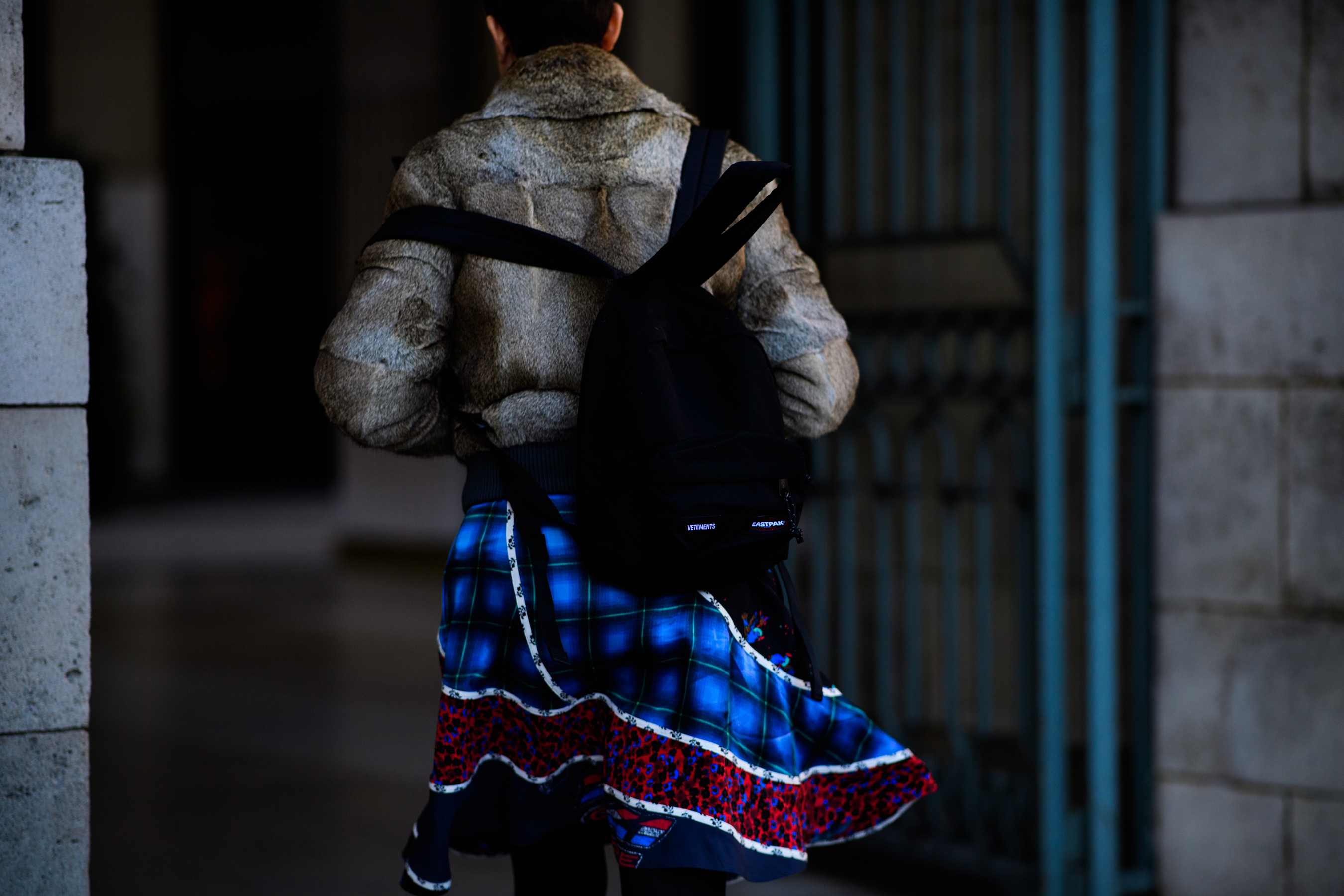 Woman wearing vetements backpack
