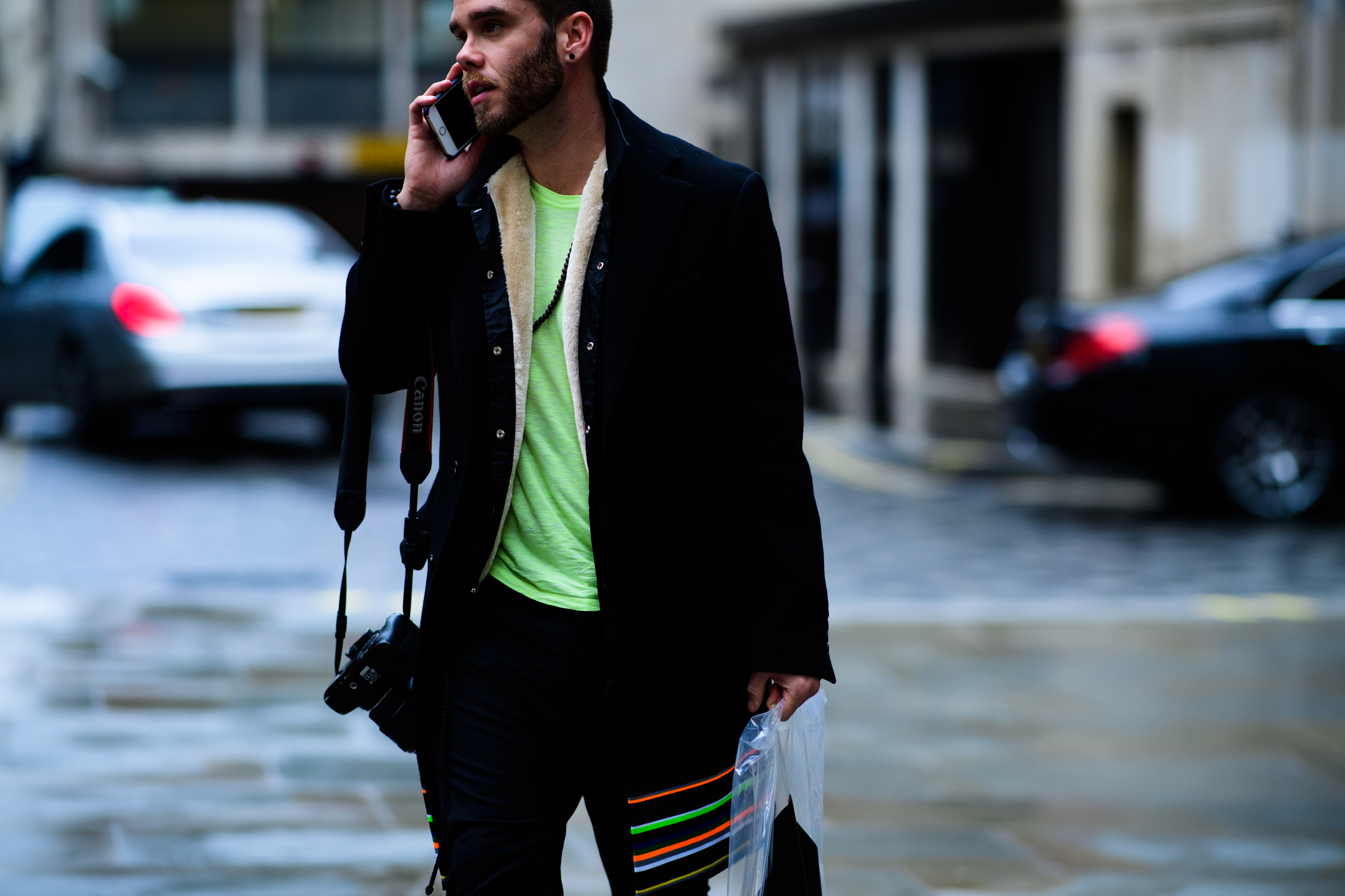 Man wearing salad green t-shirt