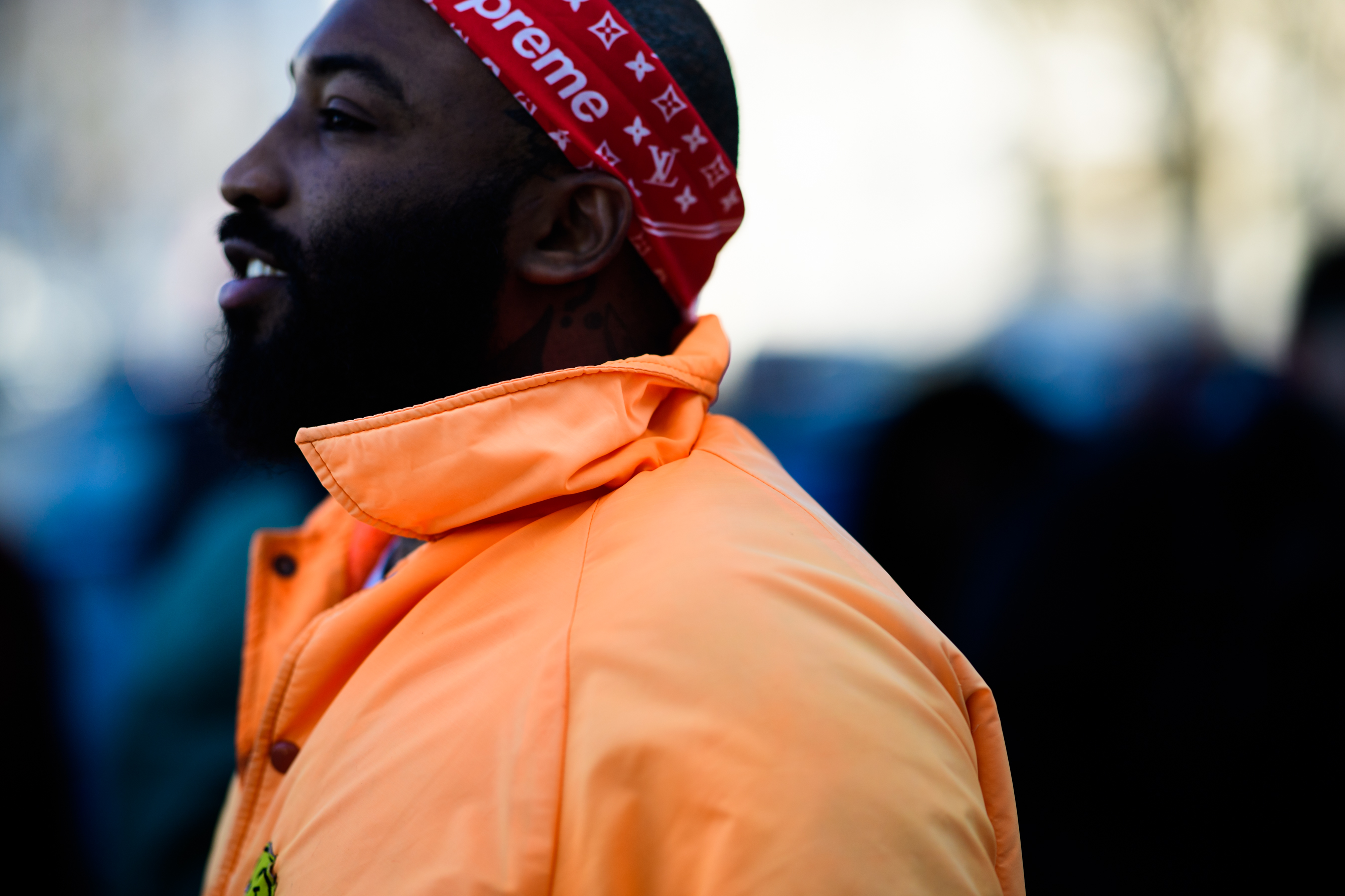 Man wearing Supreme x Louis Vuitton bandama