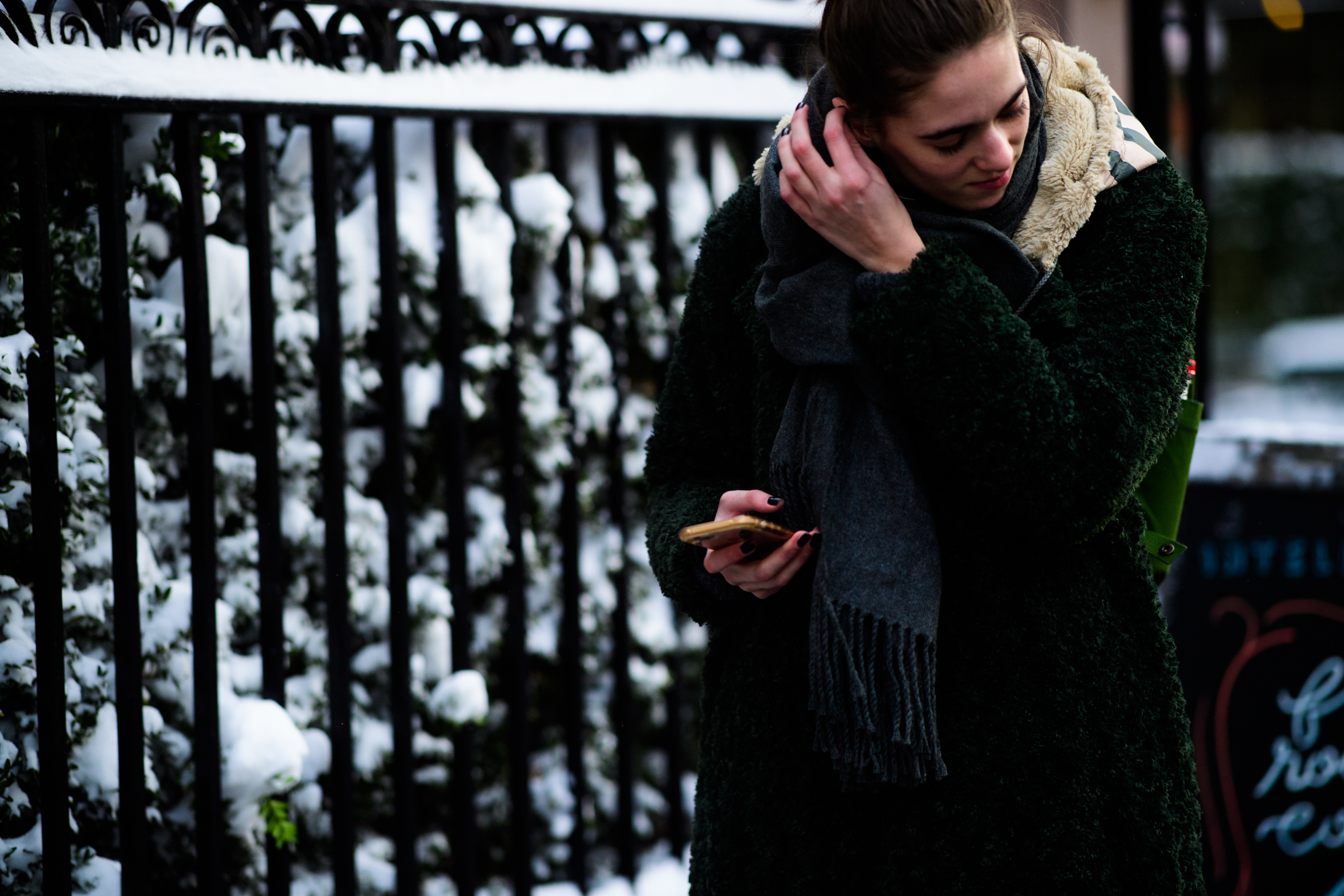 Woman wearing green fur coat