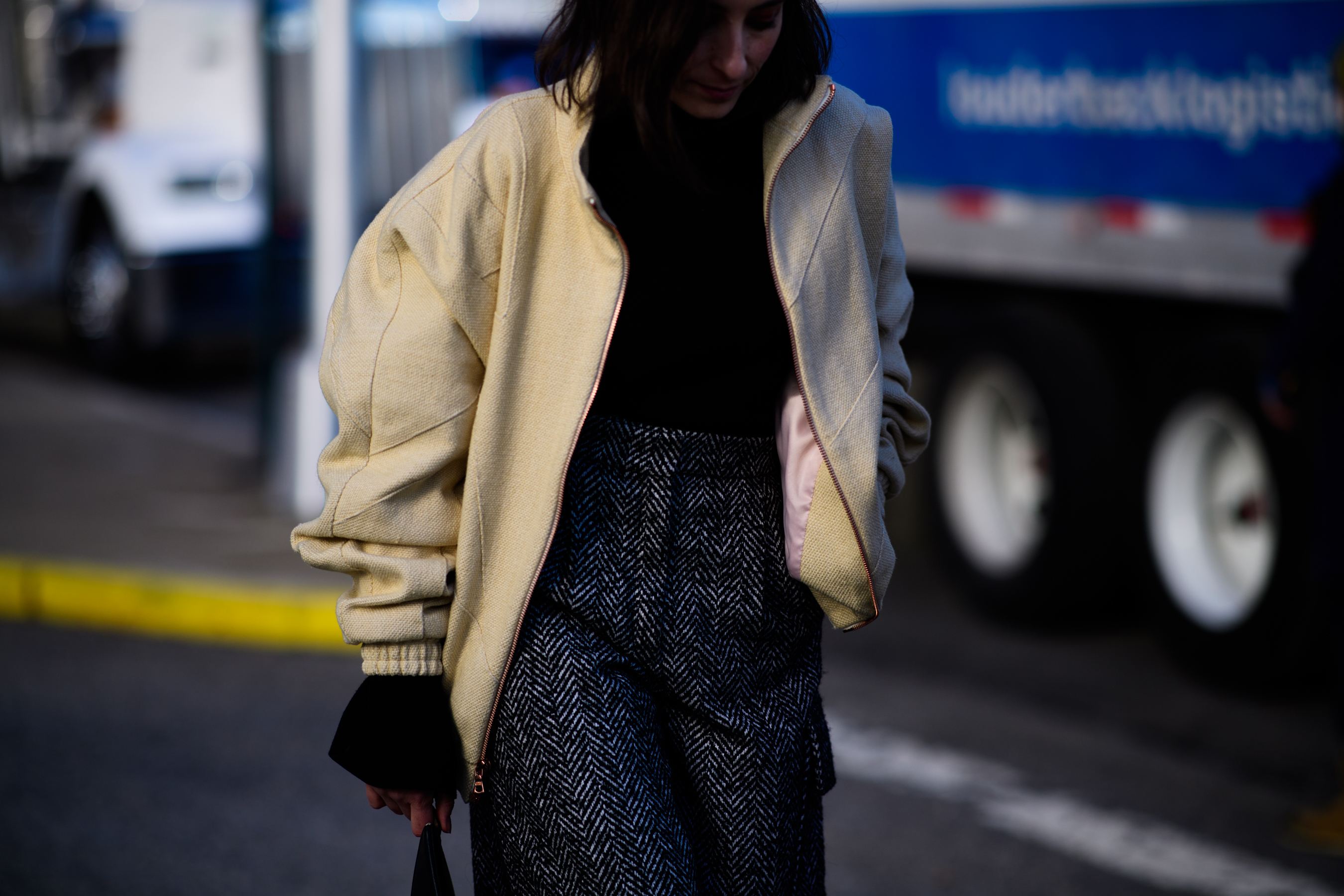 Woman wearing grey dress