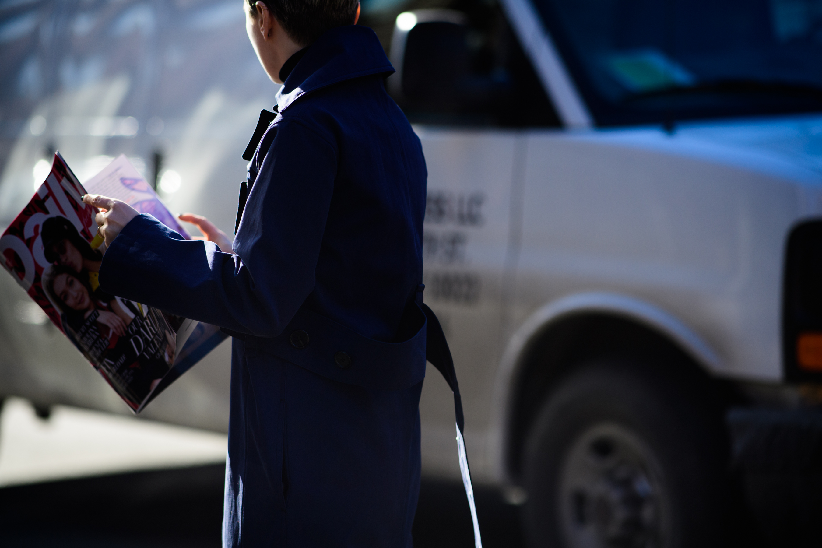 Woman wearing blue coat