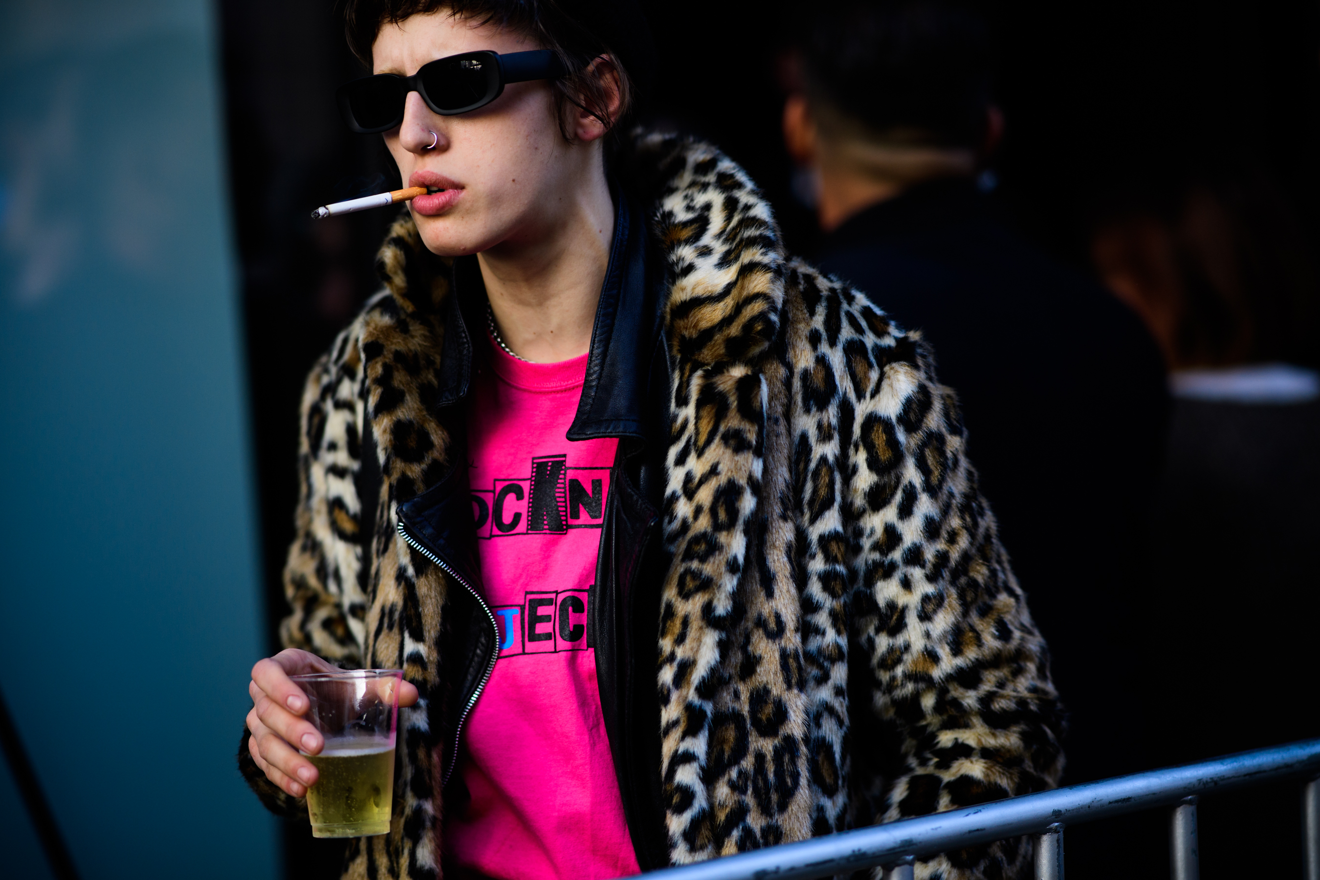 Model after the show wearing panther jacket