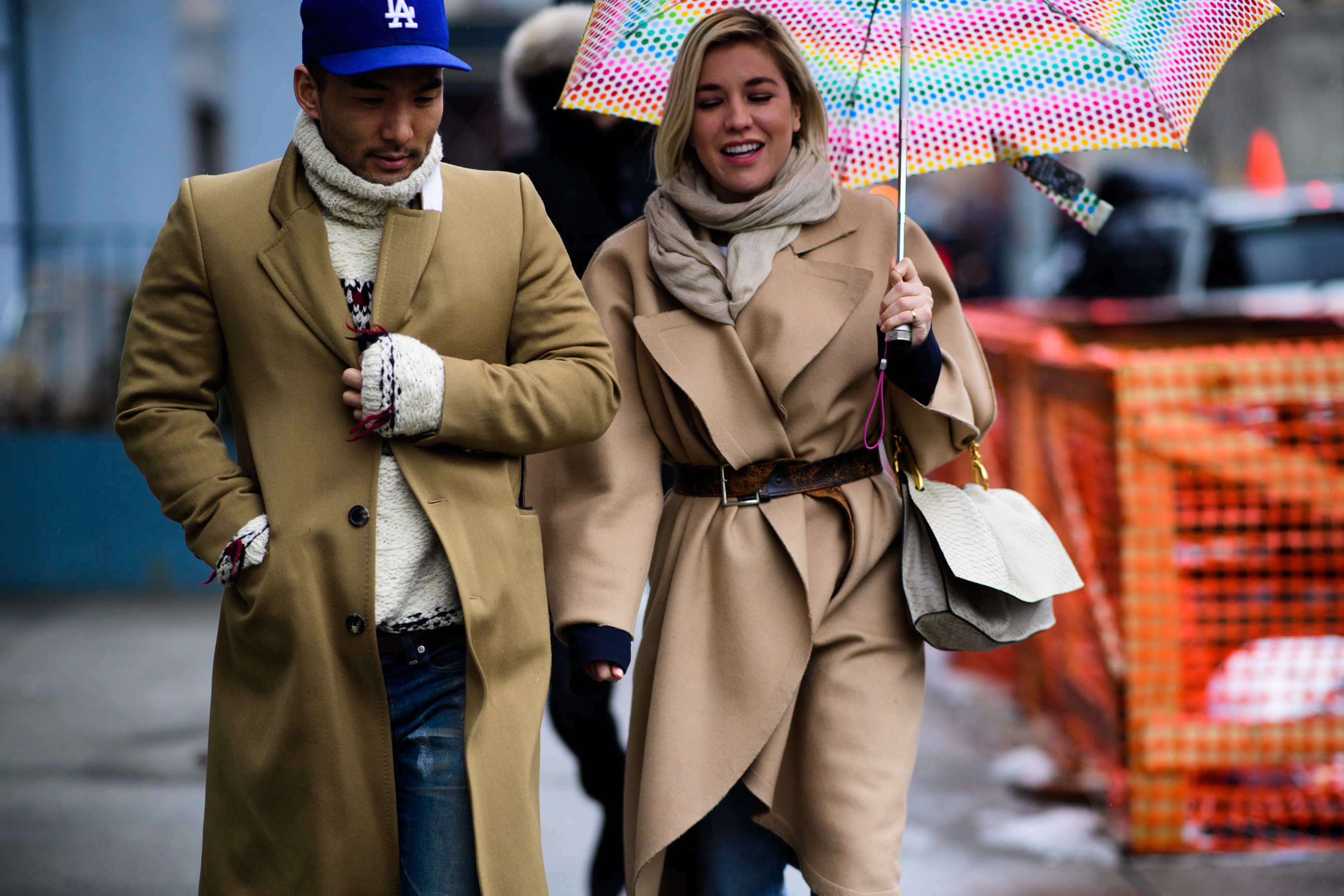 Man and woman wearing camel coats