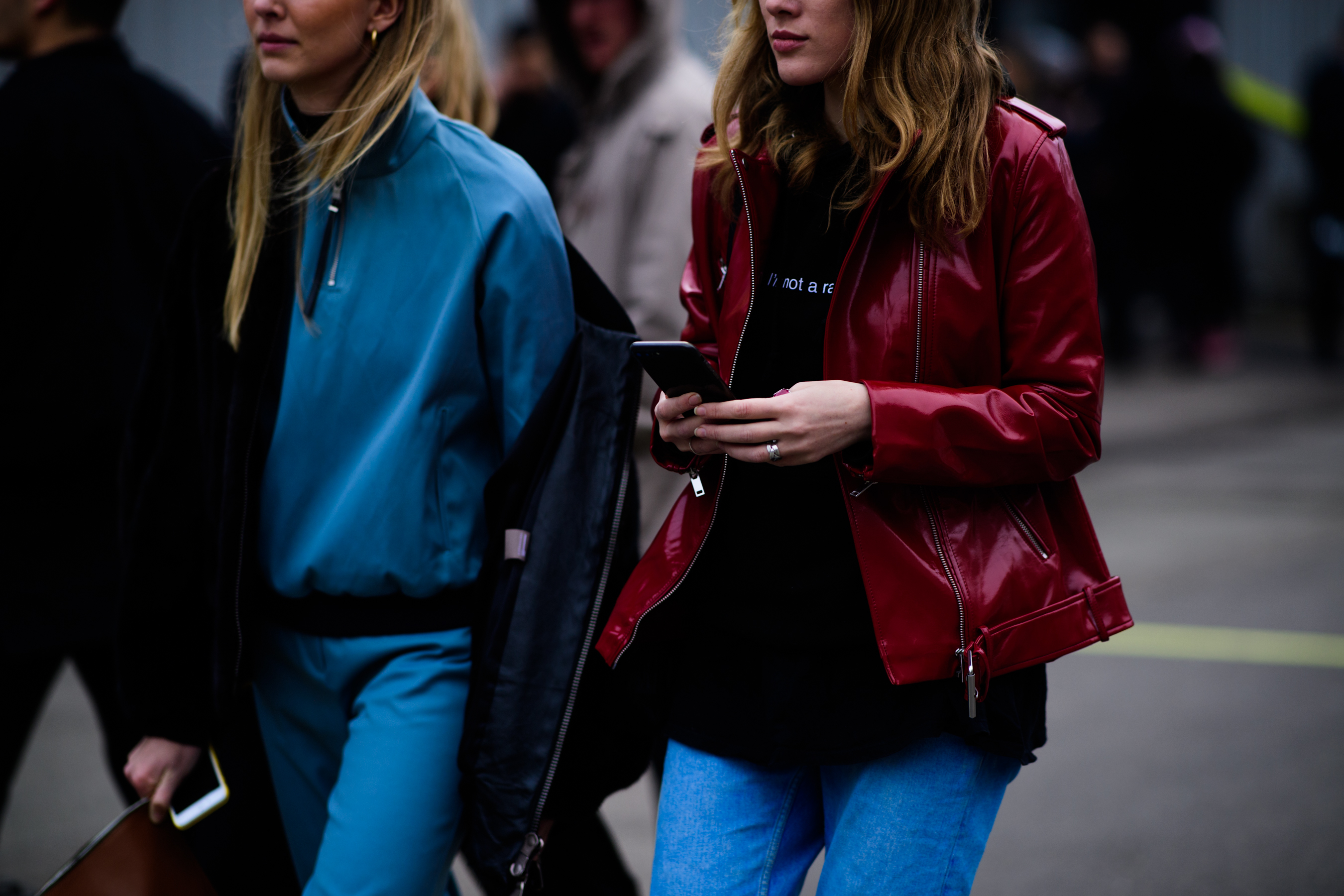 Woman wearing red leather jacket