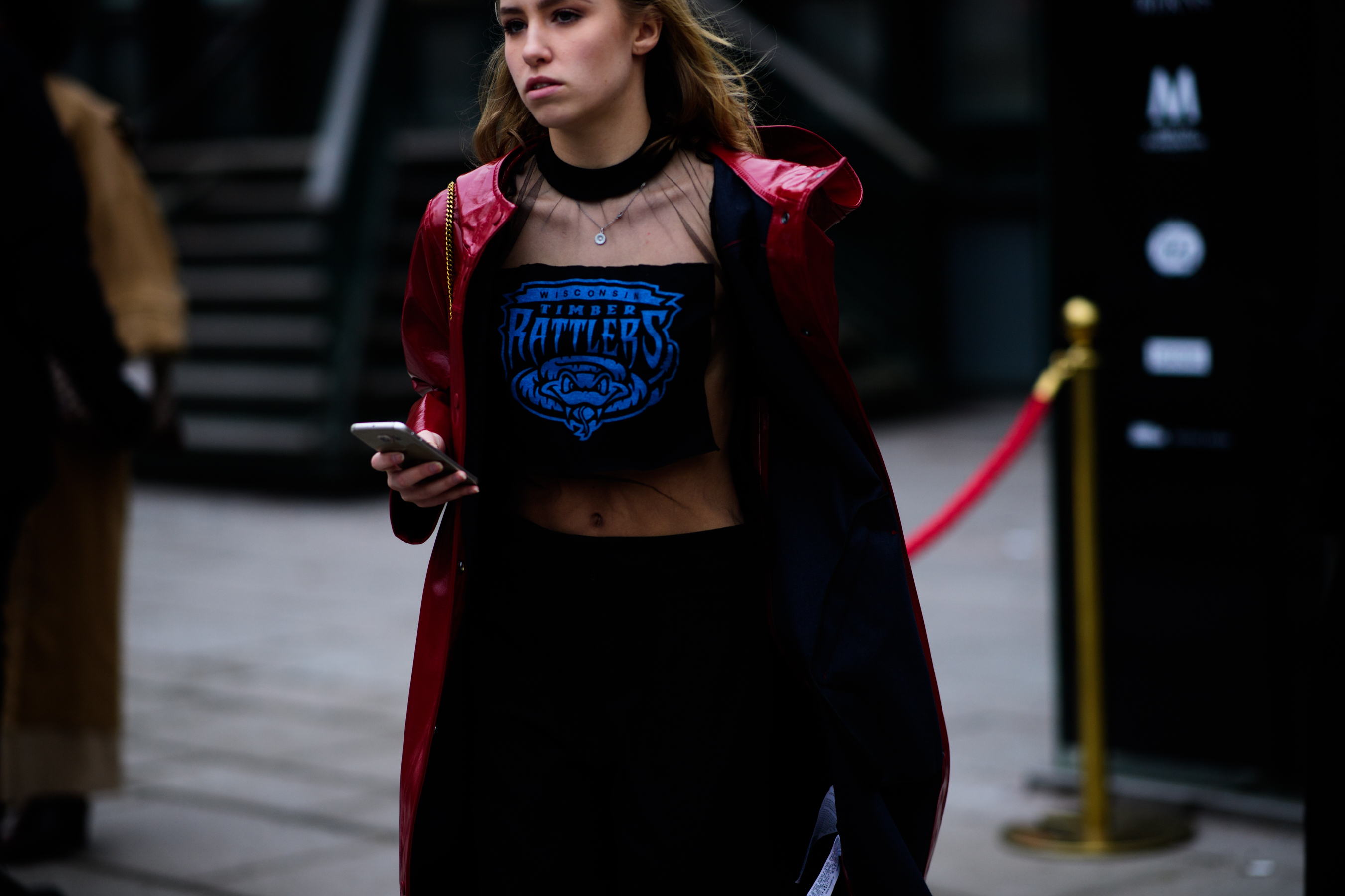 Woman wearing red jacket