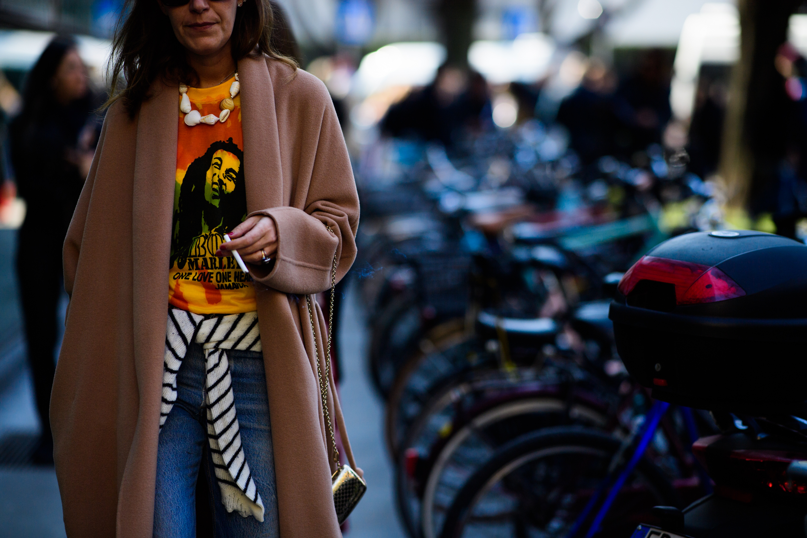 Woman wearing t-shirt with Bob Marley