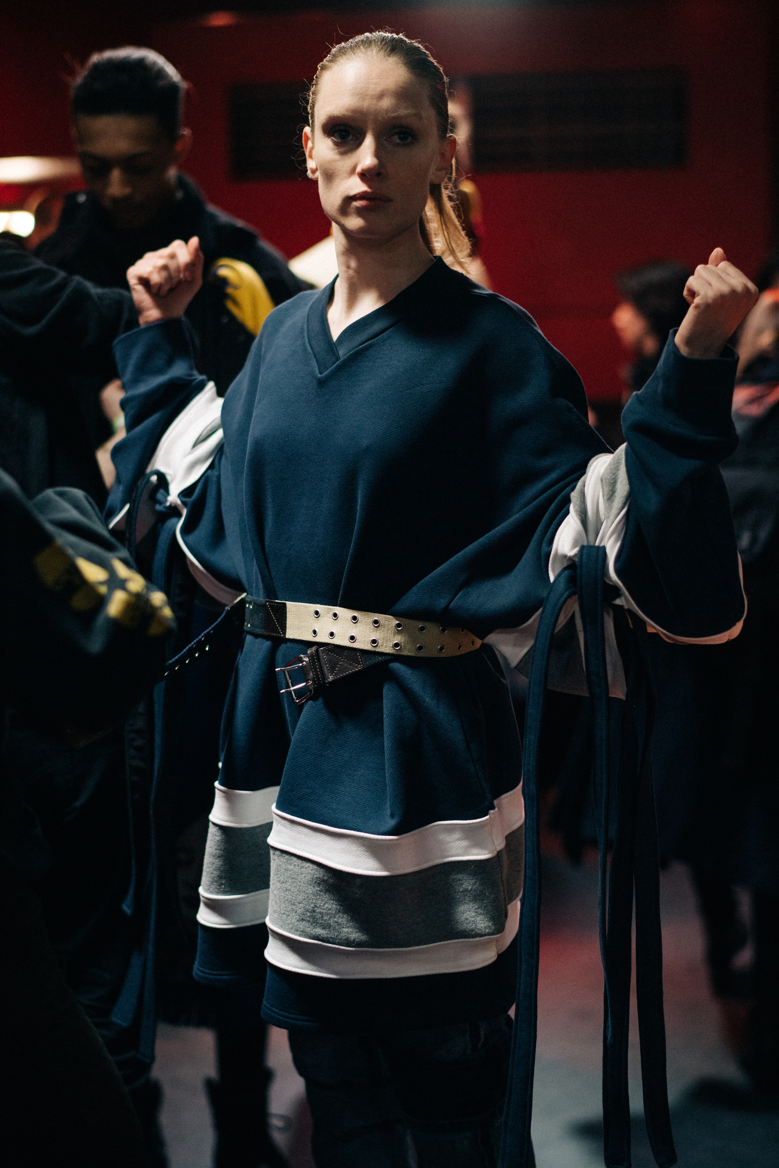 Model wearing blue clothes