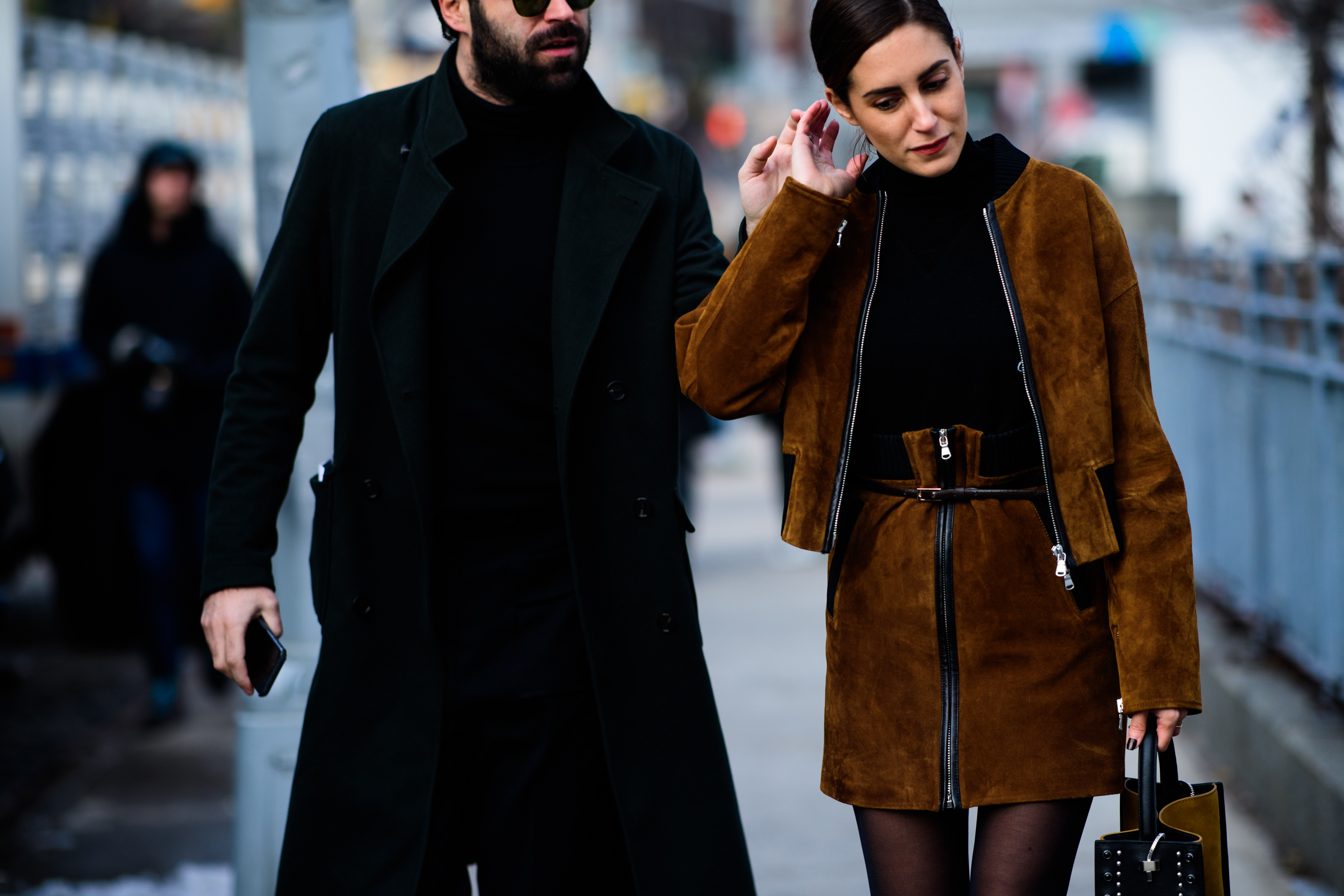 Woman wearing brown suede outfit
