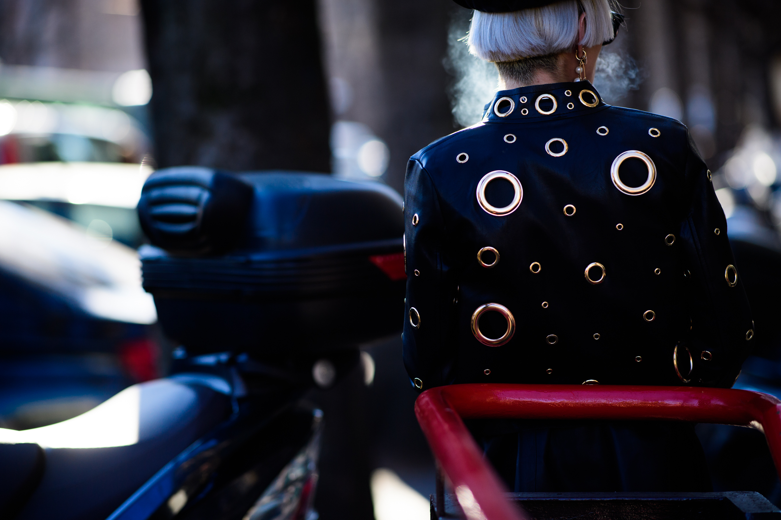Woman wearing leather jacket