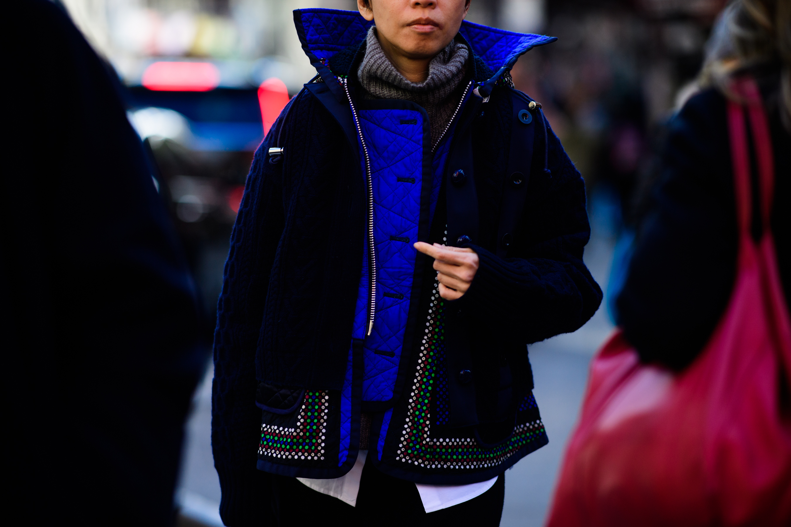 Woman wearing blue jacket