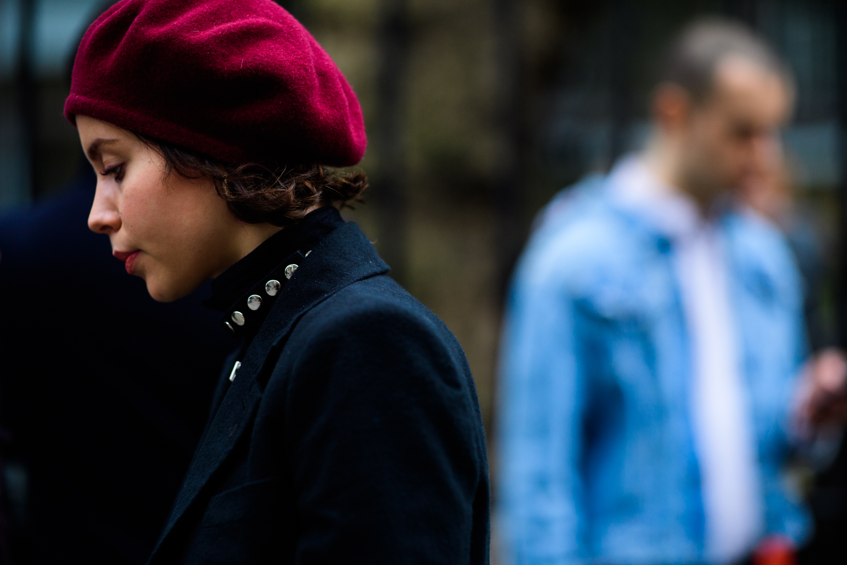 Woman wearing red beret hat