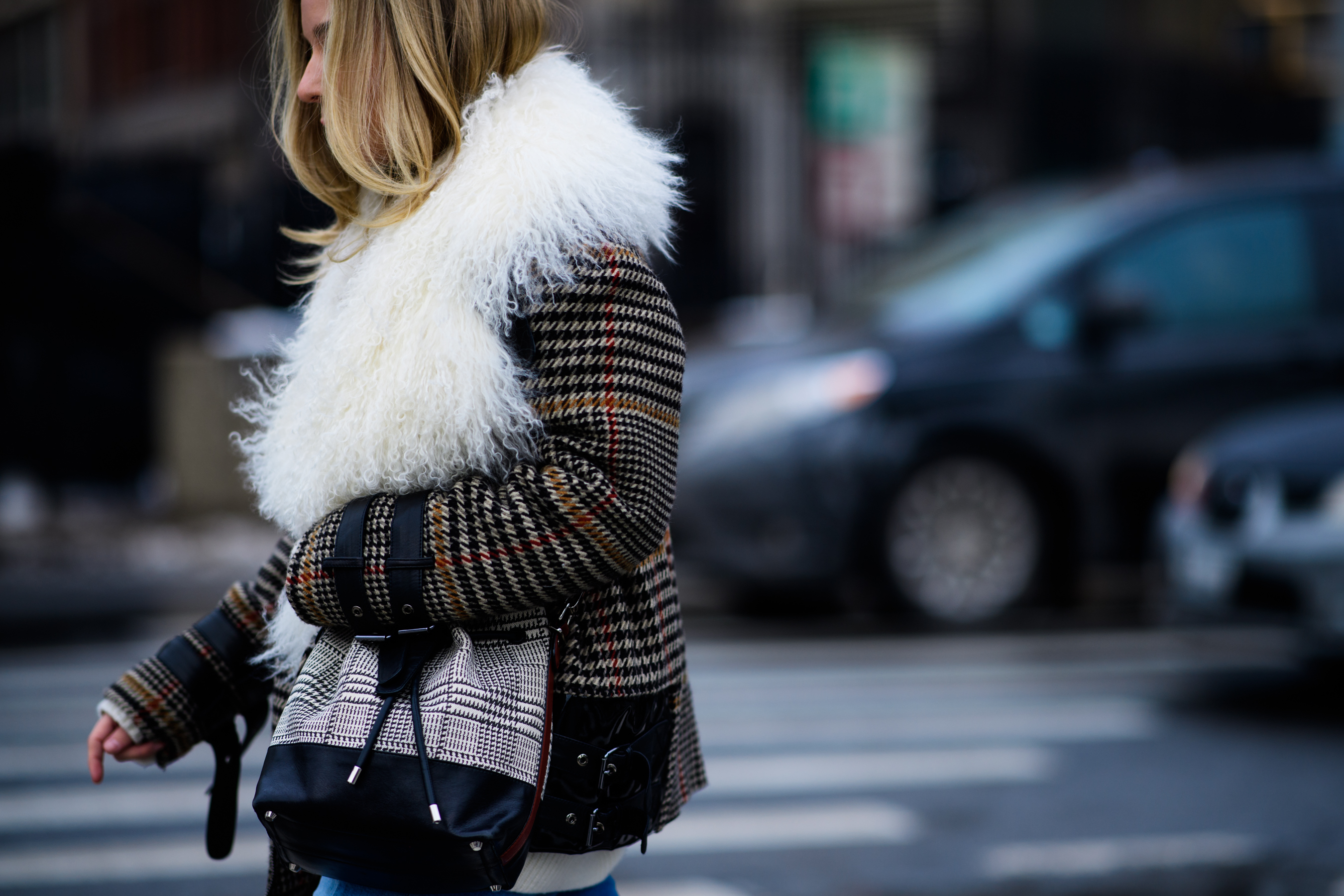 Woman wearing fur scarf
