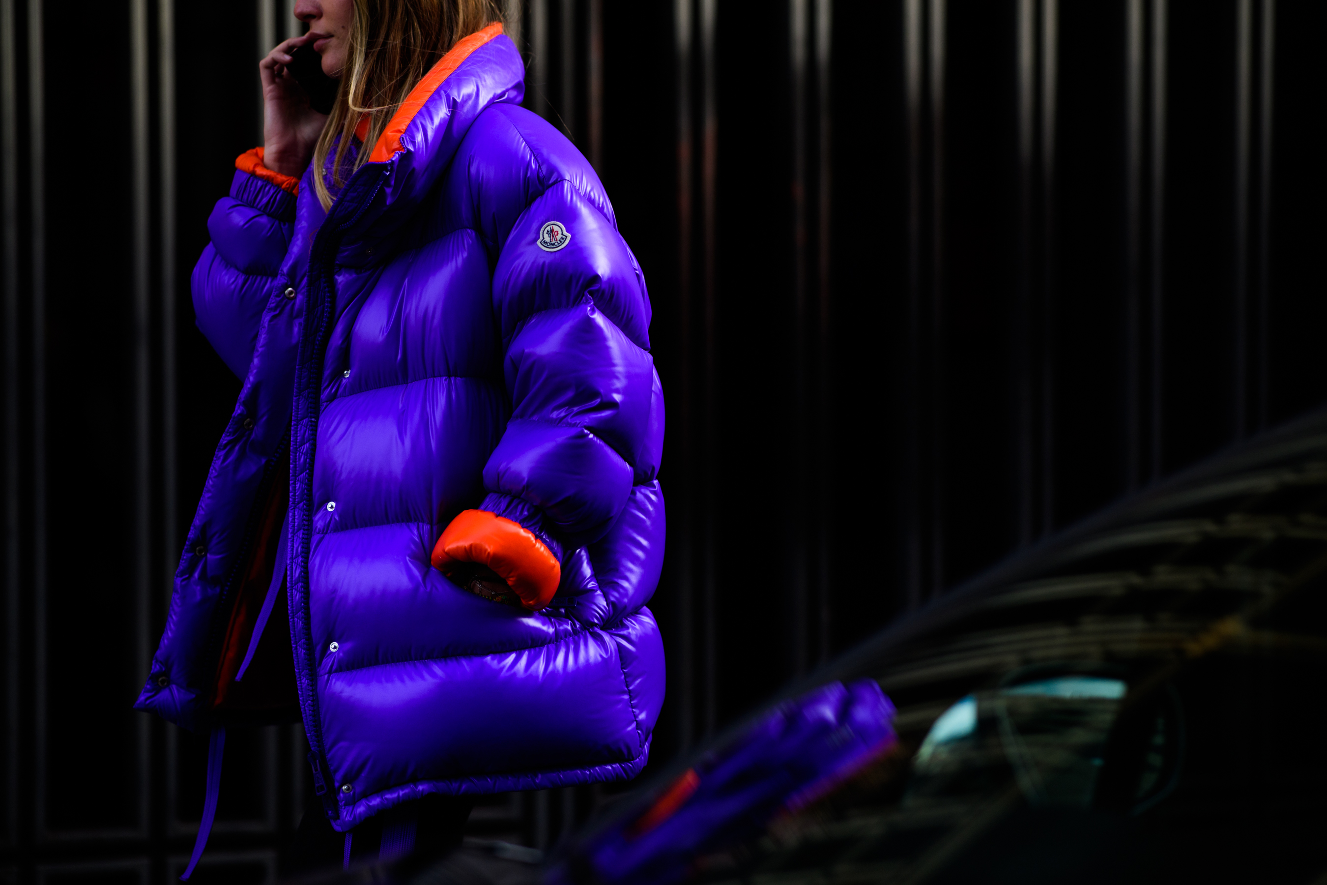 Woman wearing blue puffer jacket