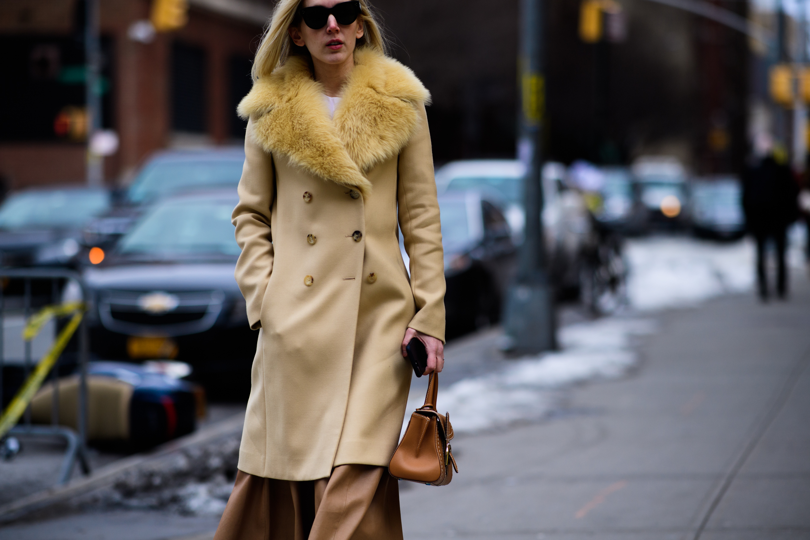 Woman wearing coat with fur collar