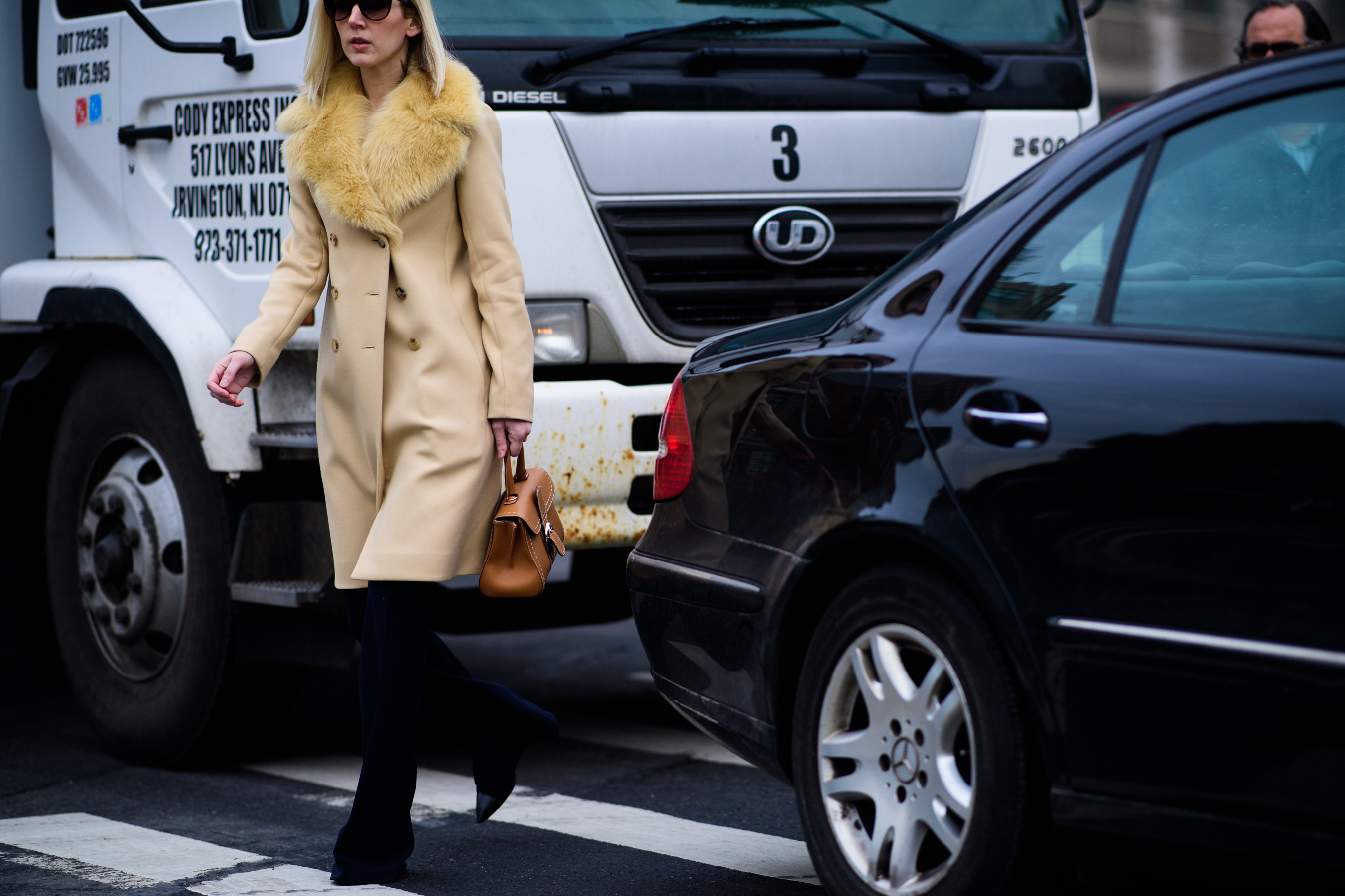 Woman wearing coat with fur collar